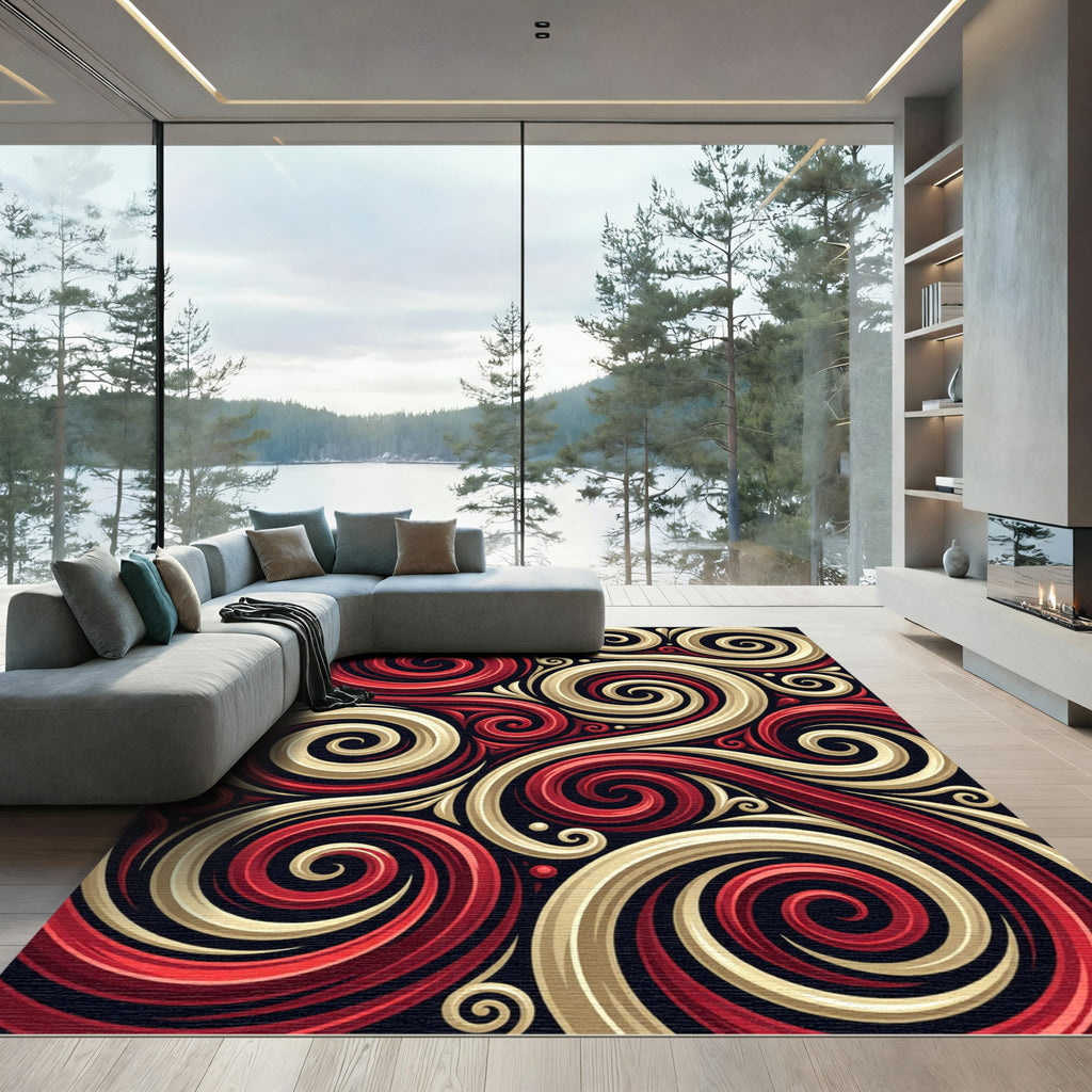 Crimson Gold Swirls Abstraction Rug