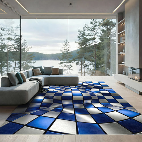 3D Cobalt Blue Silver Geometric Warp Rug