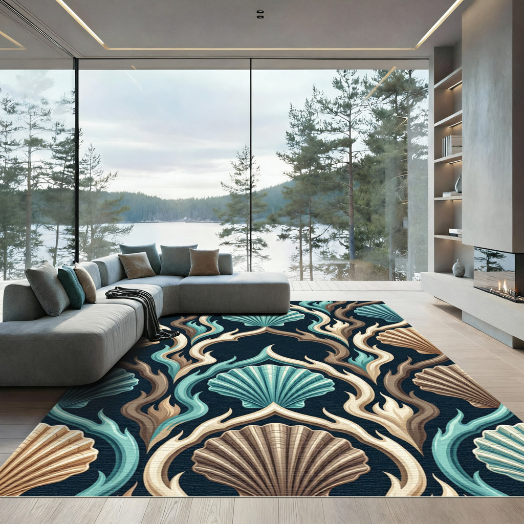Coastal Teal and Bronze Shell Art Deco Rug