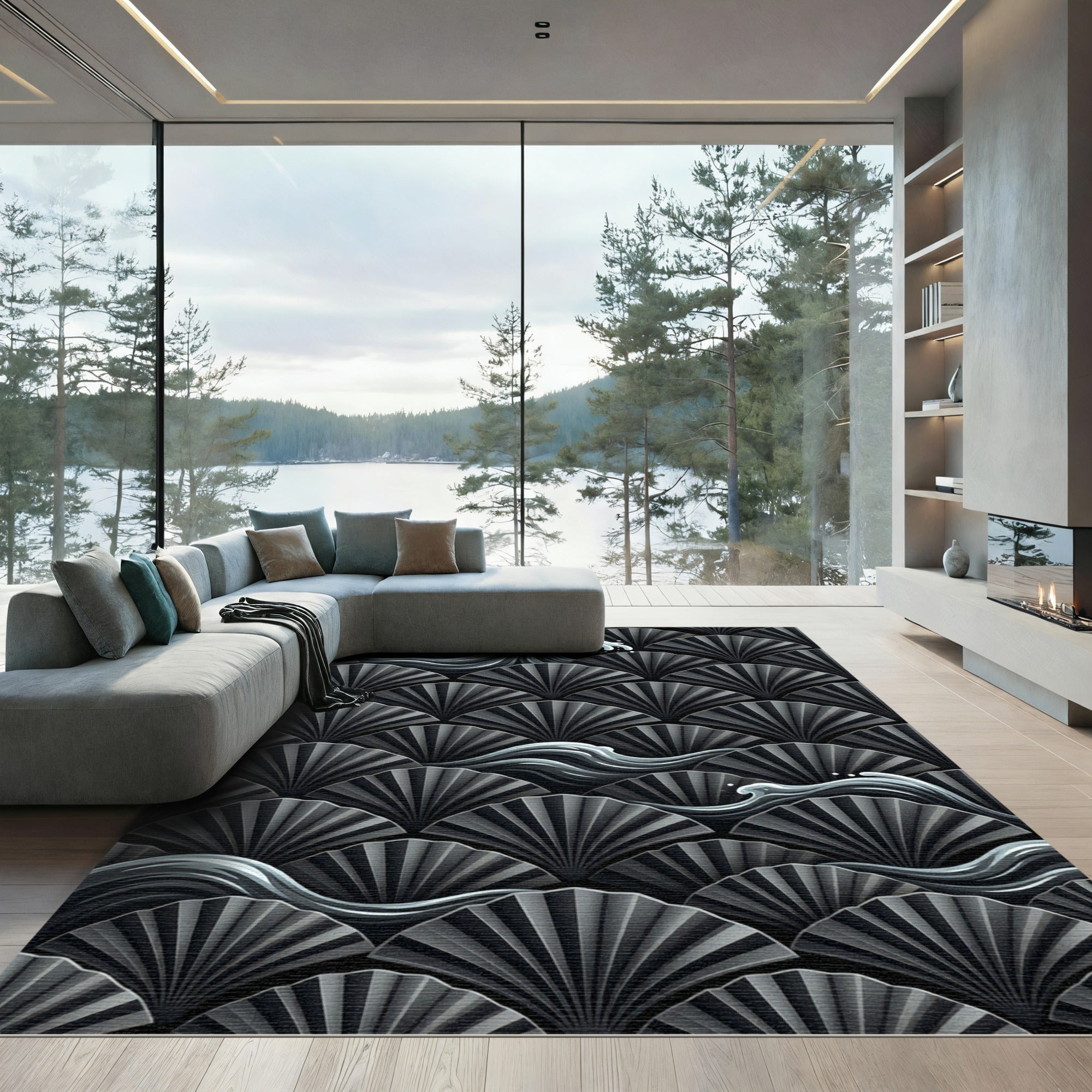 Dark Grey Fan Waves Rug