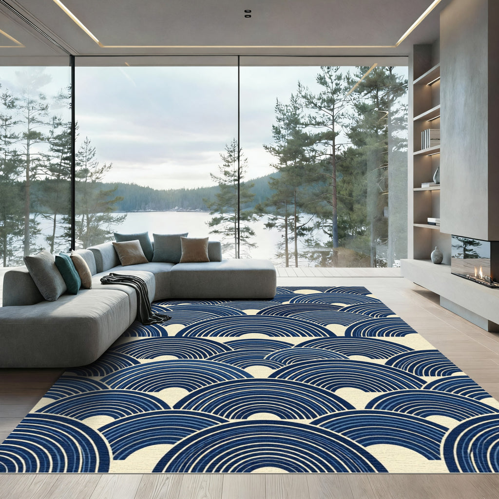 Indigo Geometric Japanese Wave Arch Rug