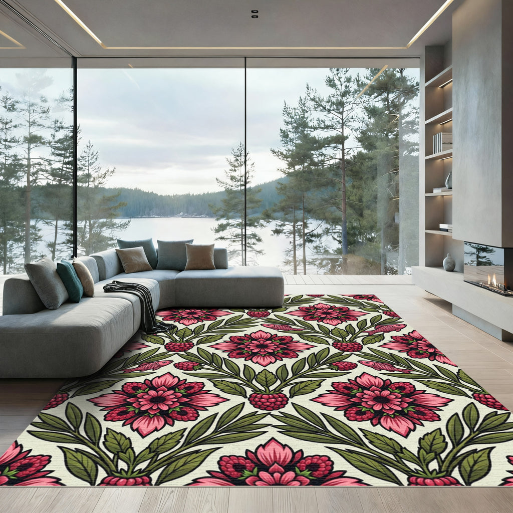 Pink Raspberry Flora and Fish Damask Rug
