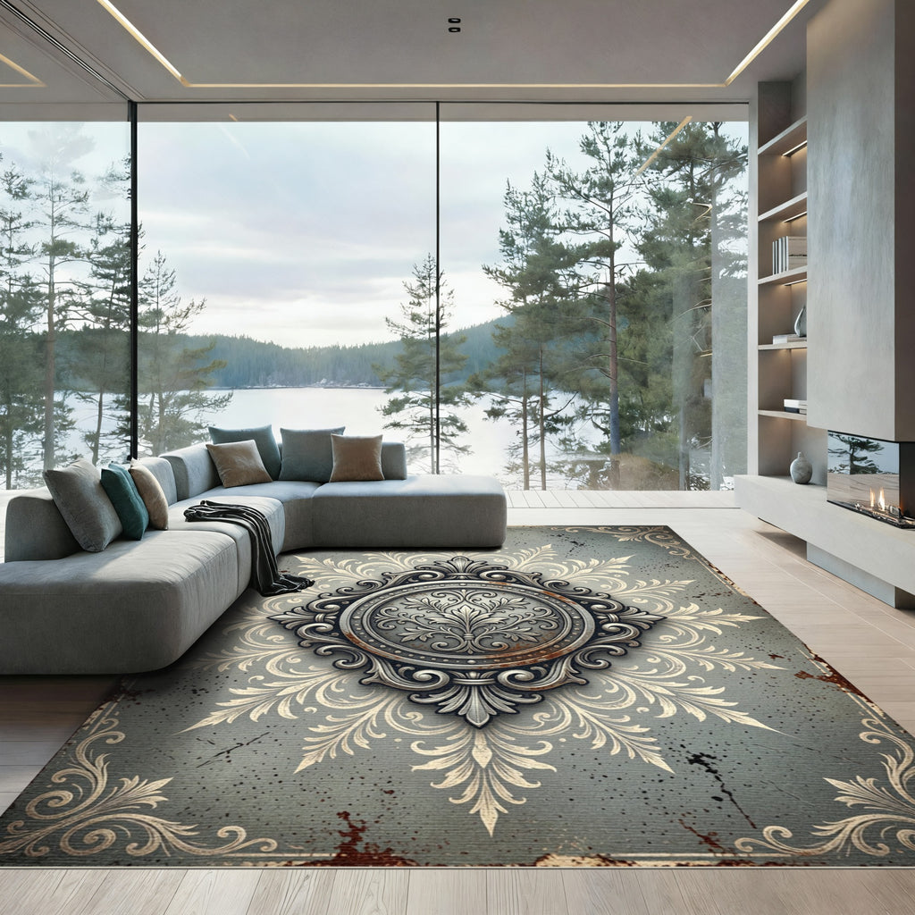 Ornate Silver Gray Damask Medallion Rug