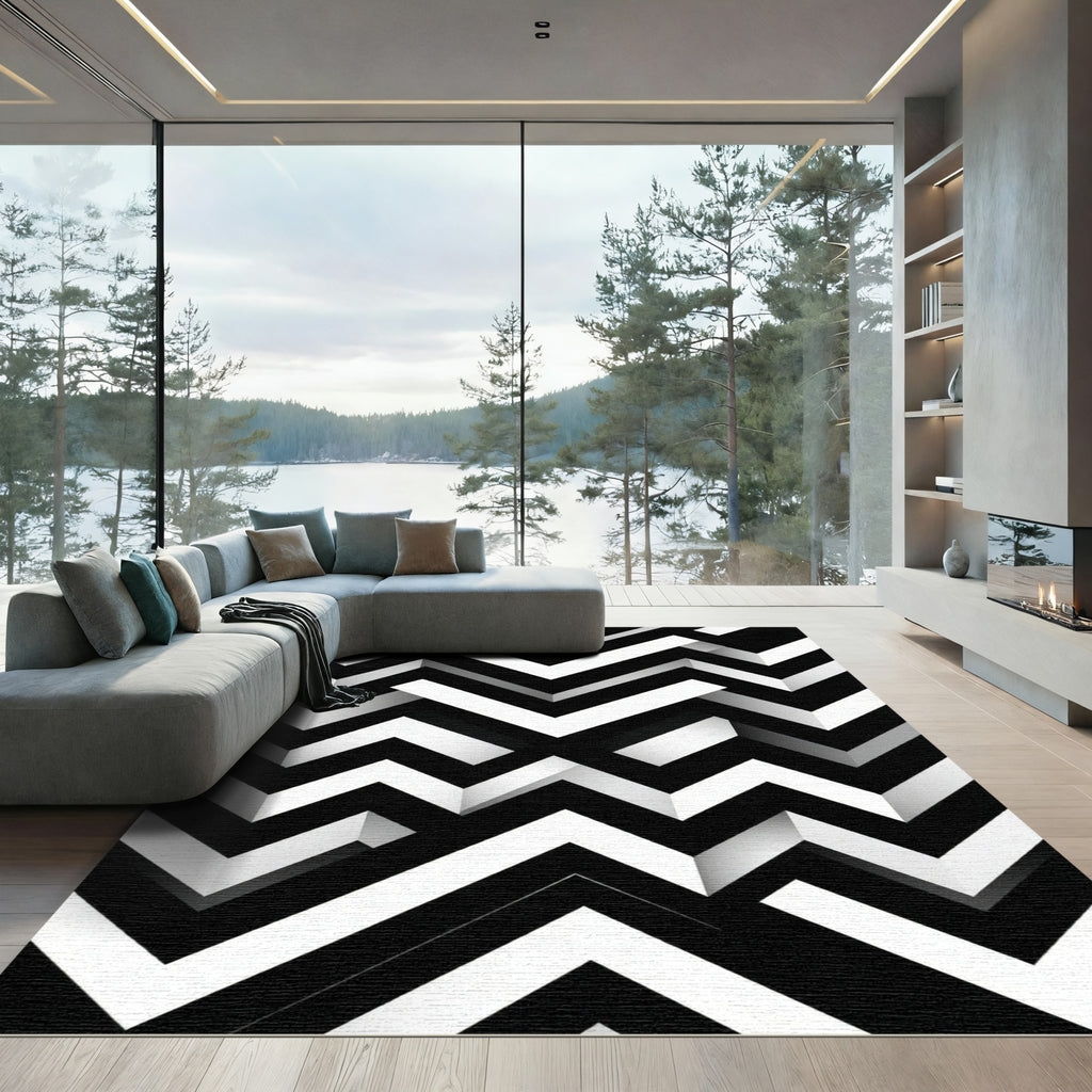Monochrome Geometric Chevron Stripe Abstract Rug