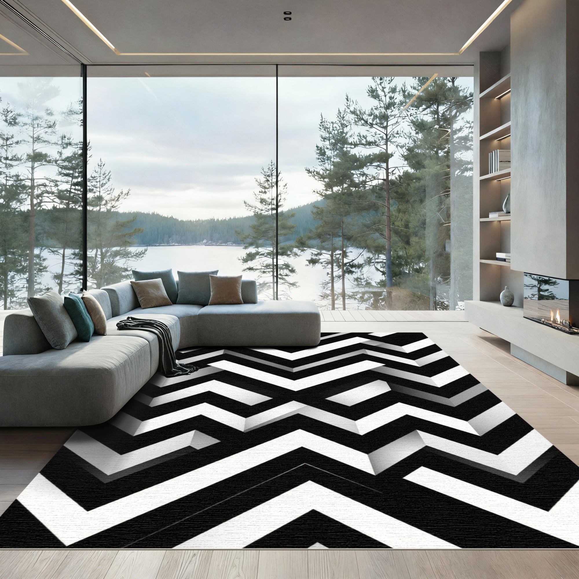 Monochrome Geometric Chevron Stripe Abstract Rug