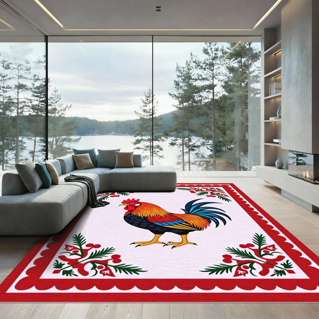 Vibrant Rooster Red Green Border Rug