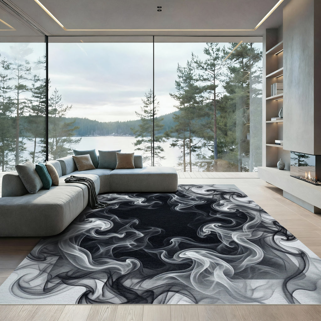 Monochrome Swirling Smoke Abstract Rug