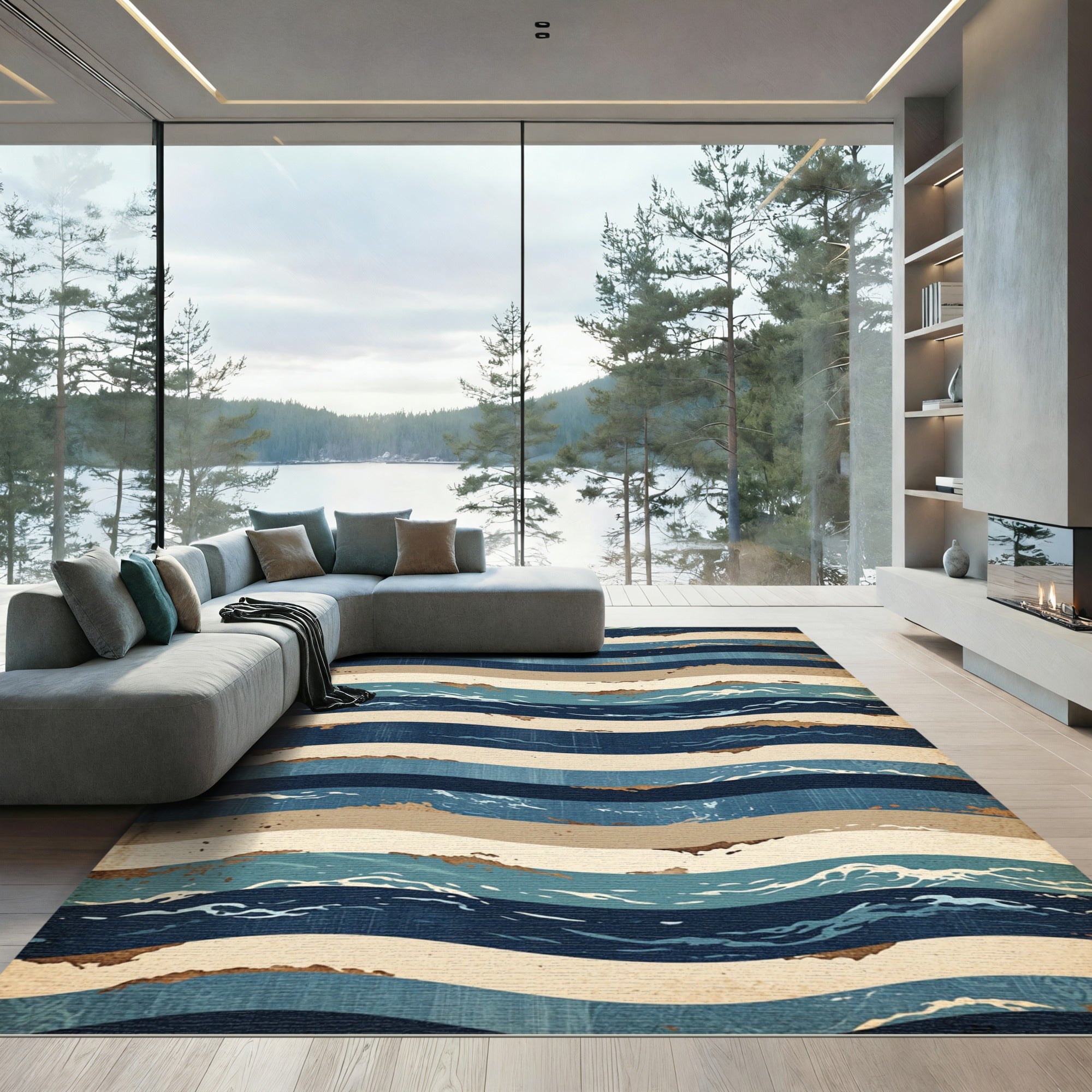Wavy Blue Tan Striped Coastal Rug