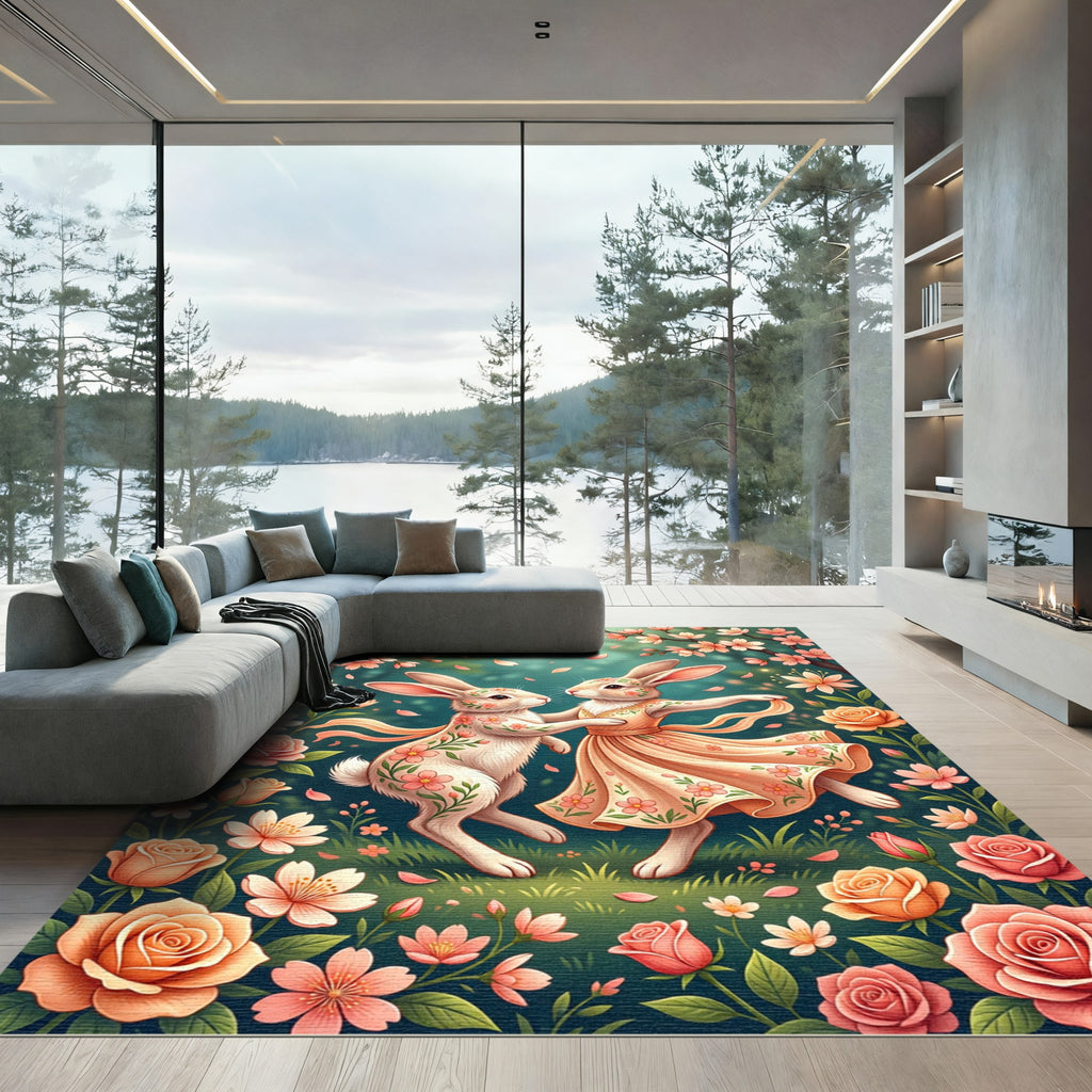 Whimsical Floral Bunny Garden Tapestry Rug