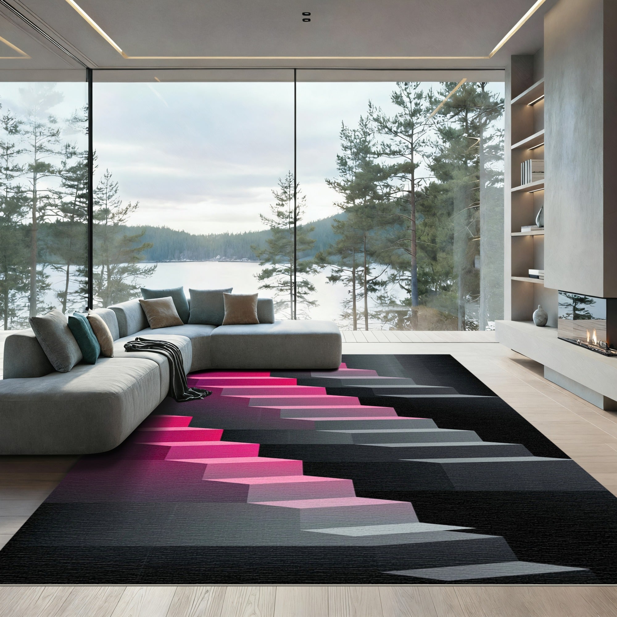 Modern Pink Ombre Geometric Staircase Rug