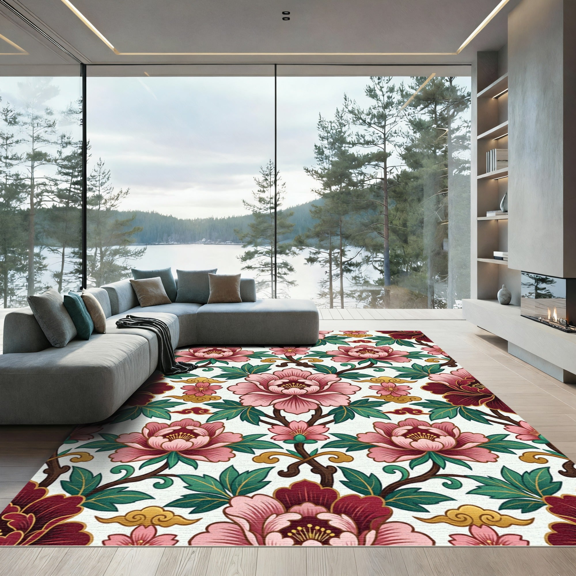 Pink Peony Floral Scroll Artwork Rug