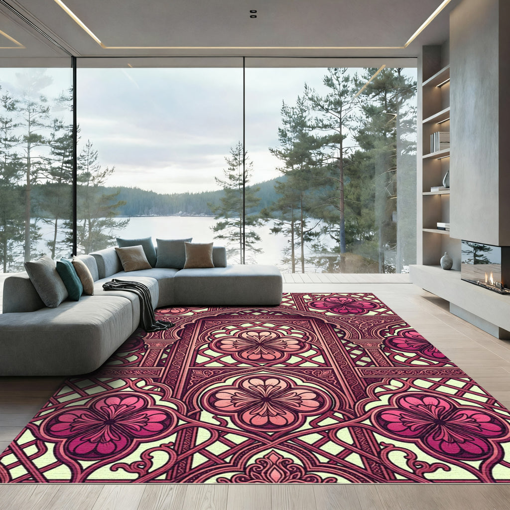 Rich Magenta Quatrefoil Arch Lattice Rug