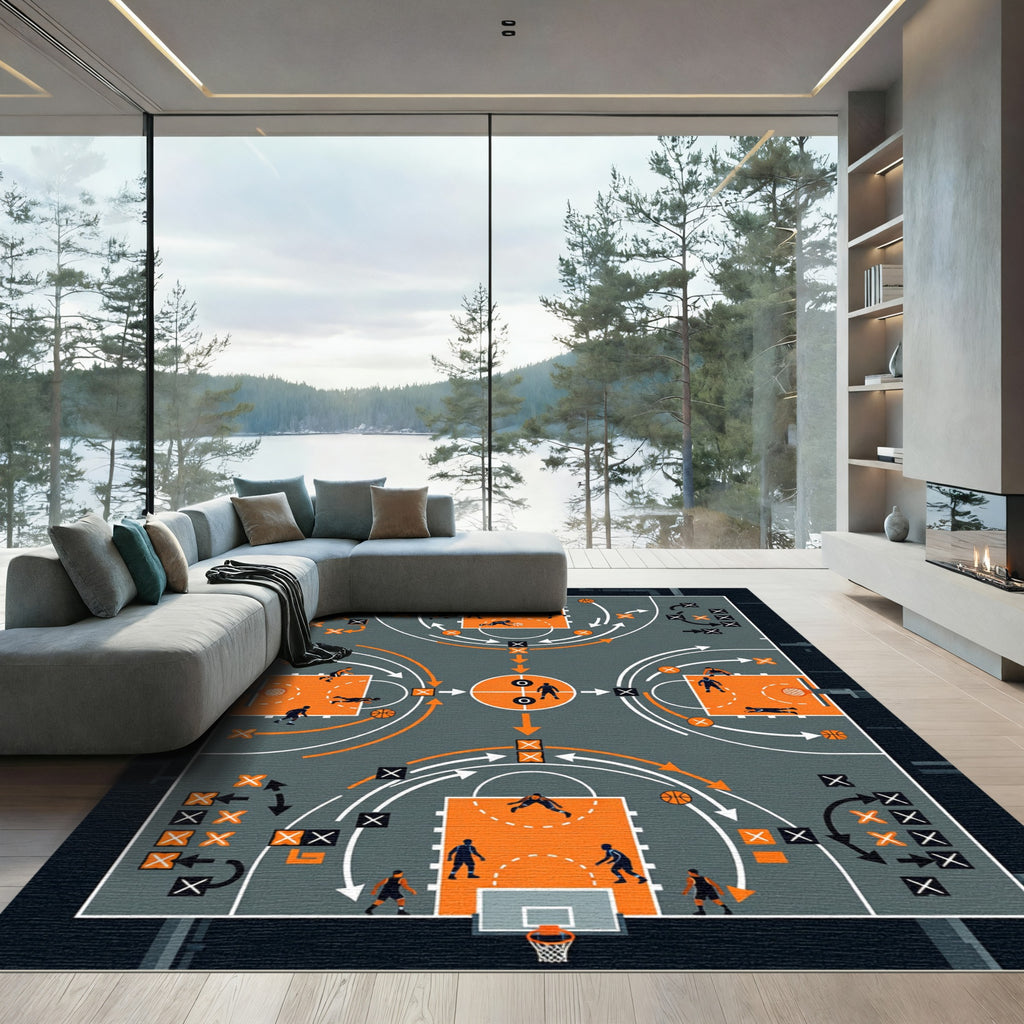 Strategic Orange Basketball Court Action Map Rug