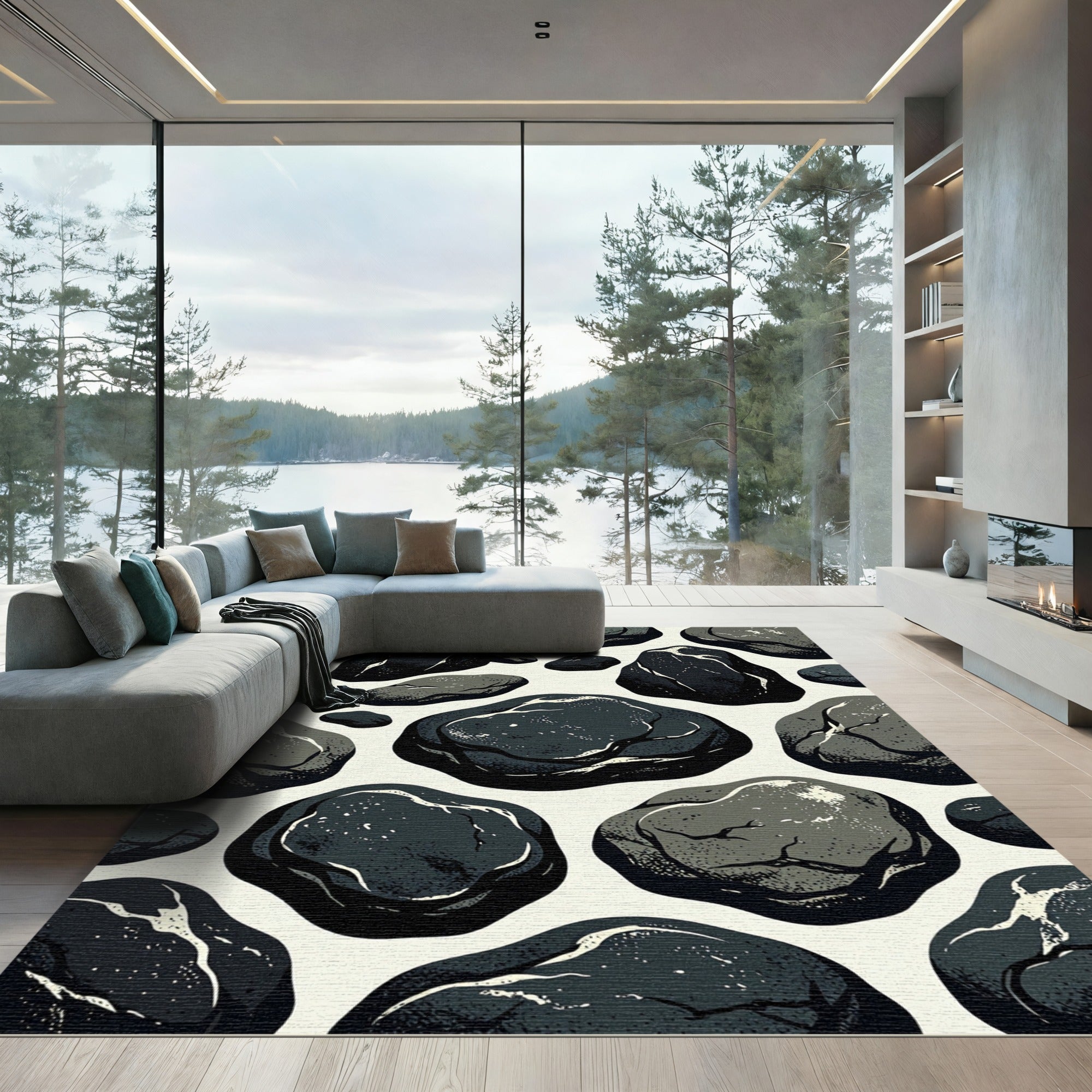 Dark Pebble Arrangement Graphic Art Rug