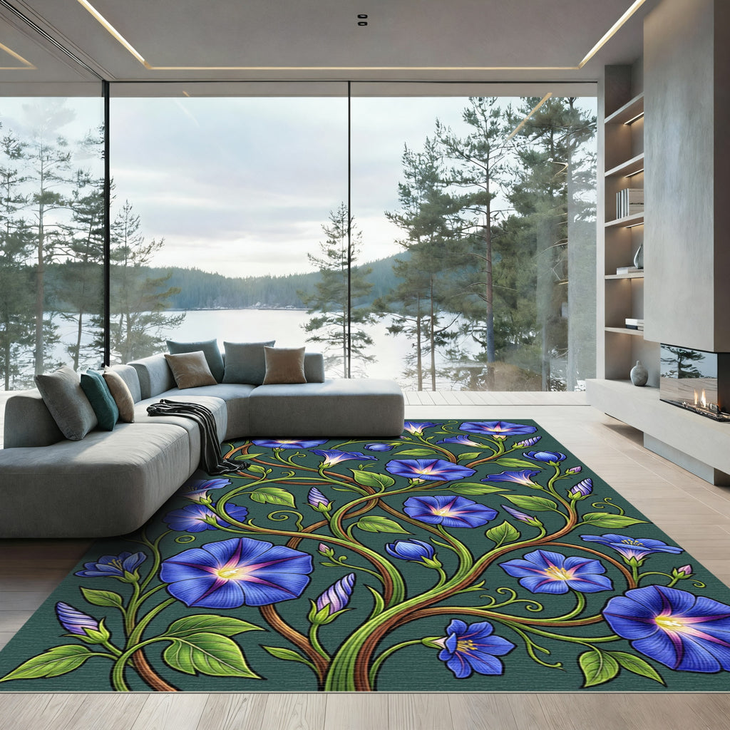 Lush Blue Morning Glory Botanical Art Rug