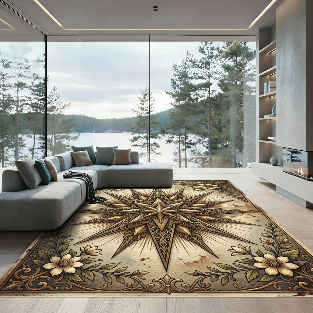 Gilded Celestial Star Floral Art Rug