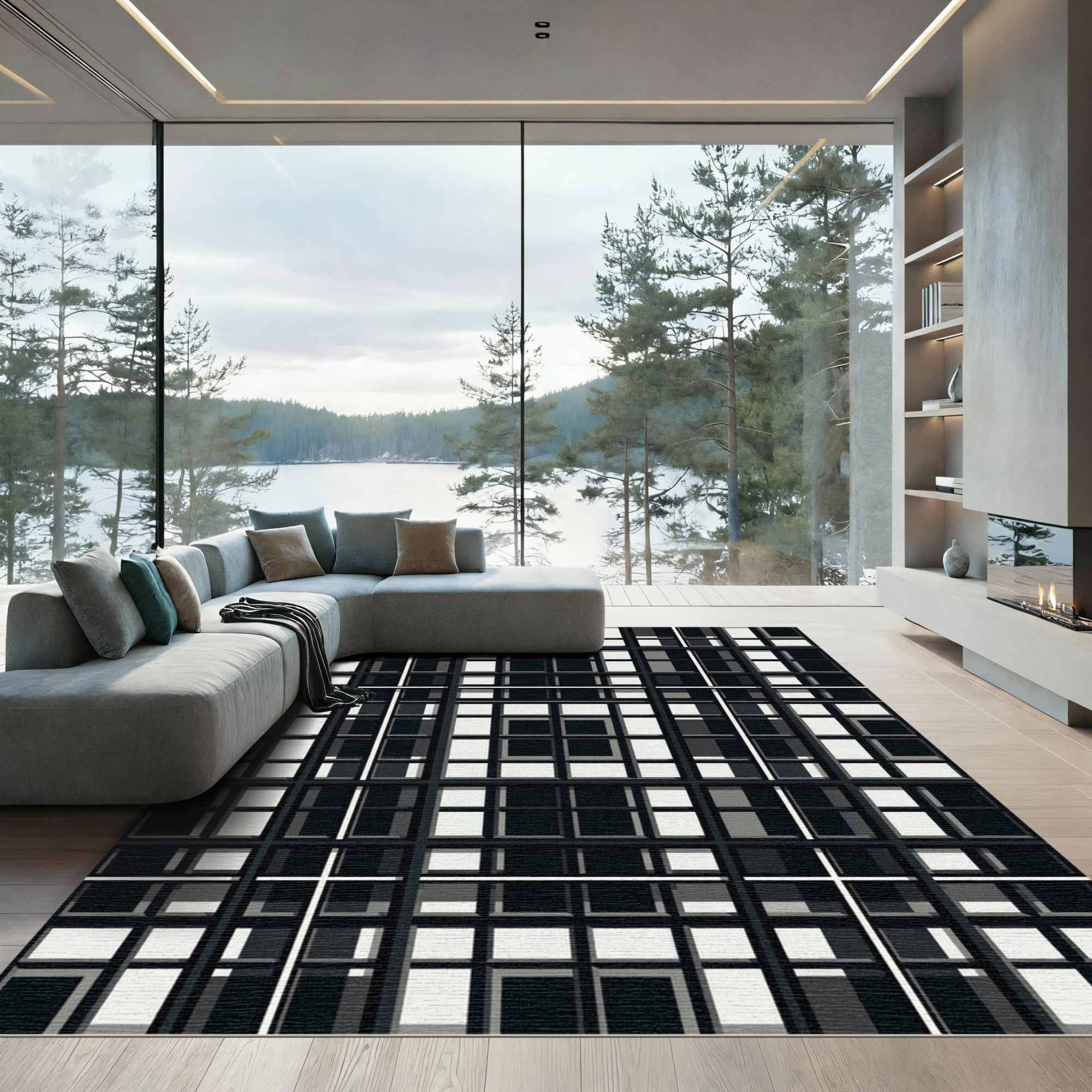 Monochrome Grid Crossing Cubes Rug