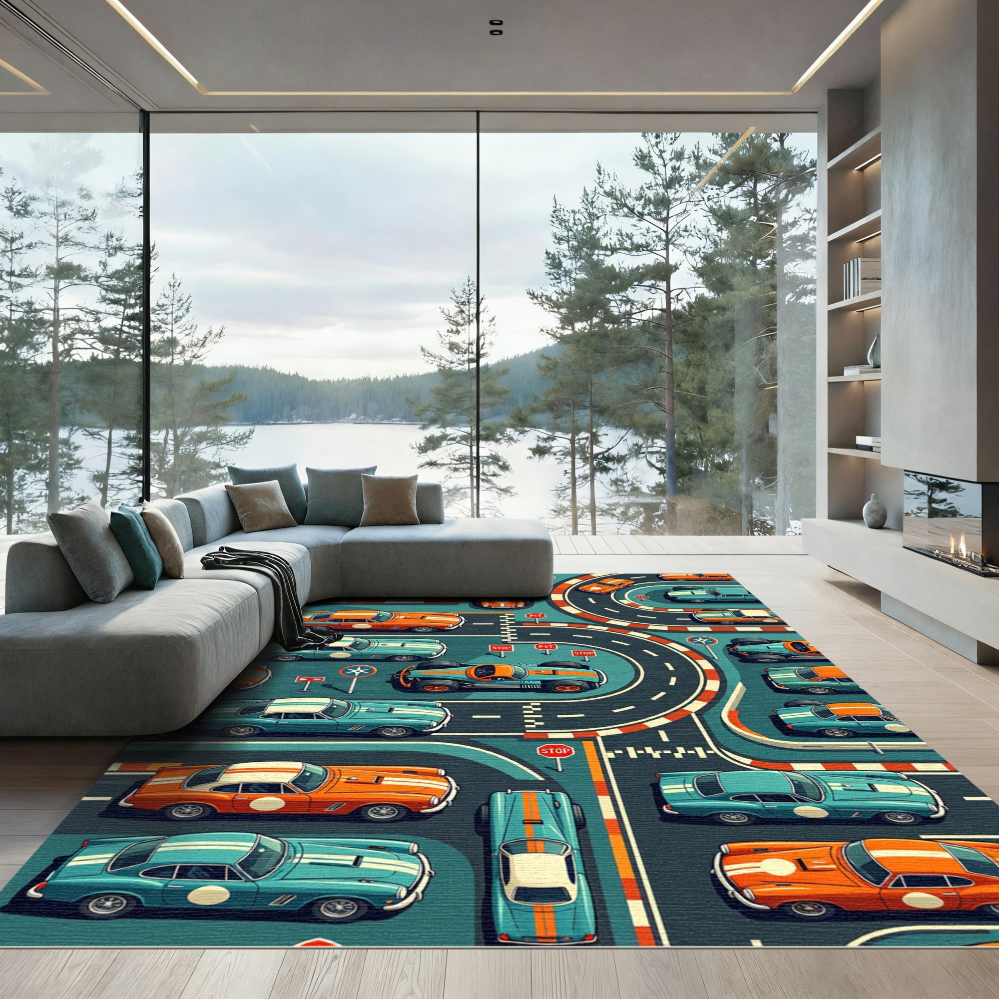Retro Orange and Teal Racing Track Rug