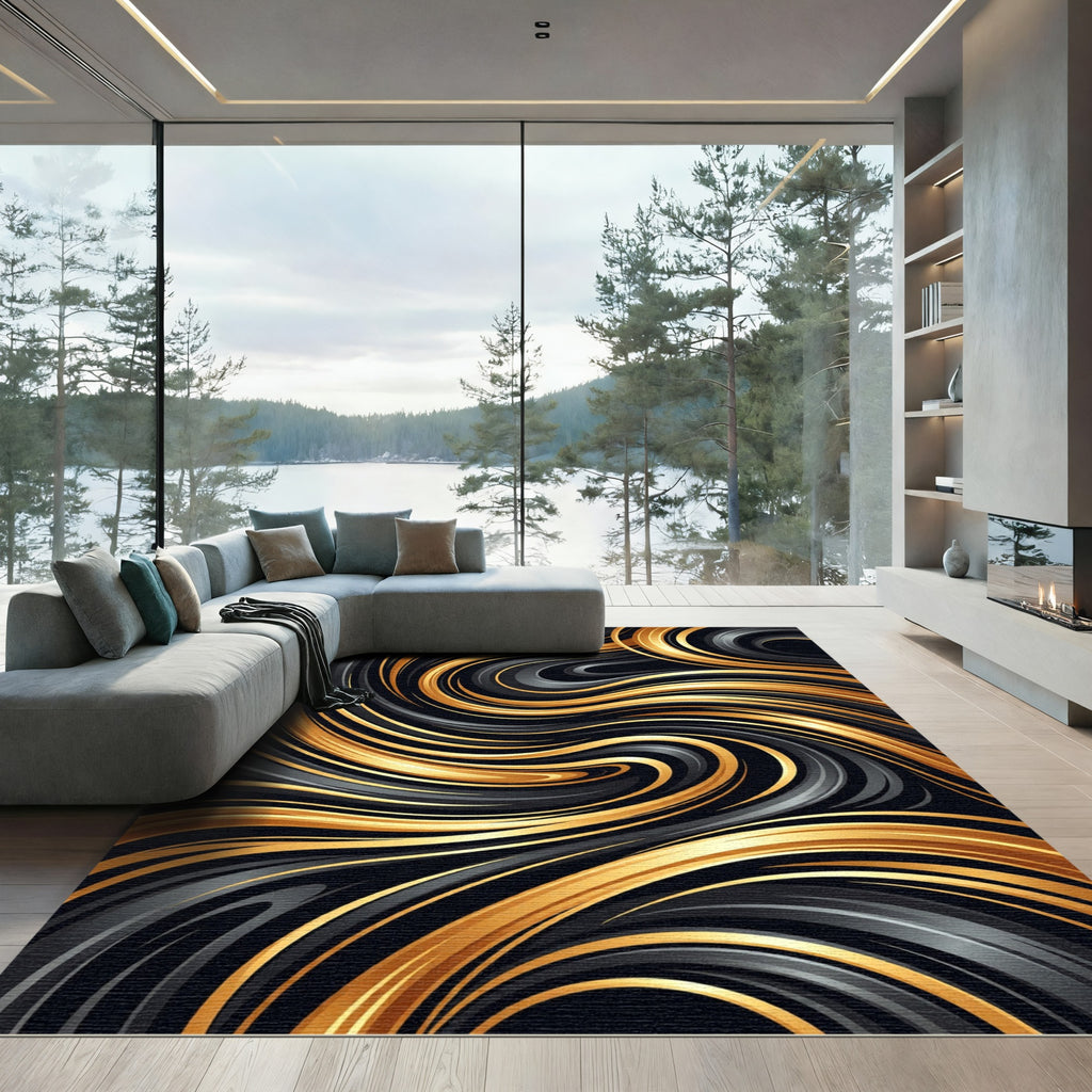 Black Gold Swirled Fluid Luxury Rug