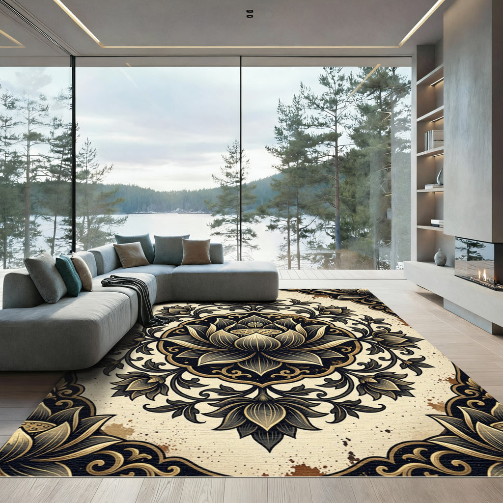 Elegant Gold and Black Lotus Mandala Rug