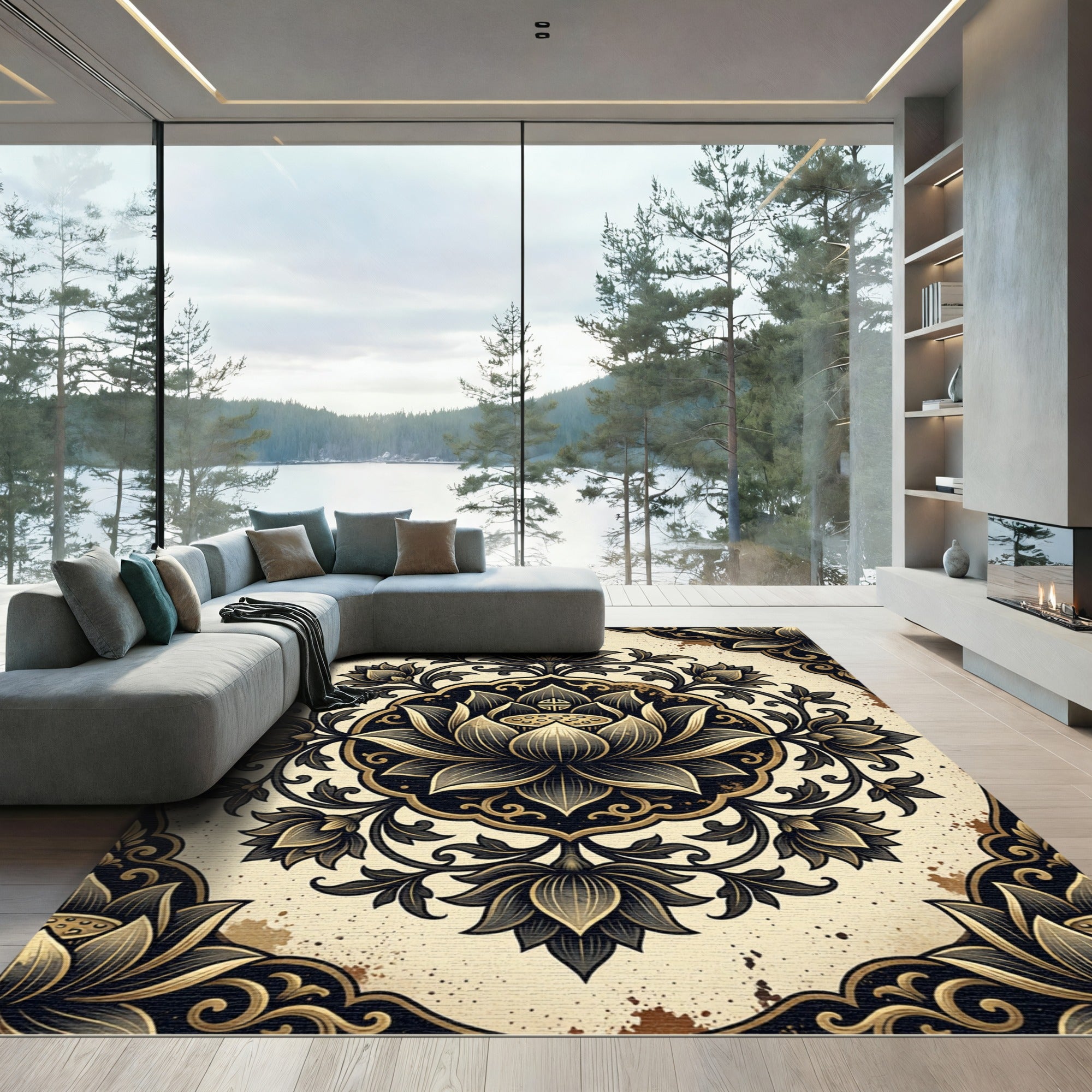 Elegant Gold and Black Lotus Mandala Rug