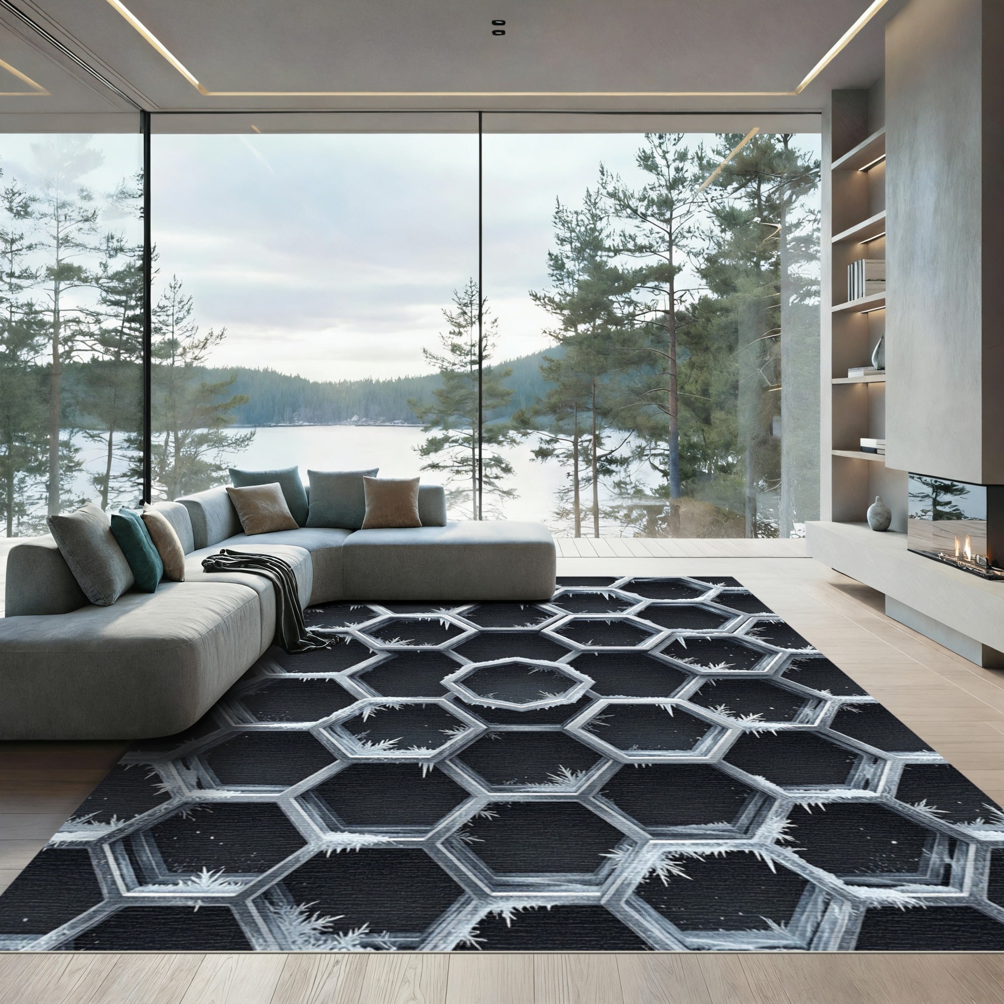 Frosted Monochromatic Geometric Hexagon Art Rug