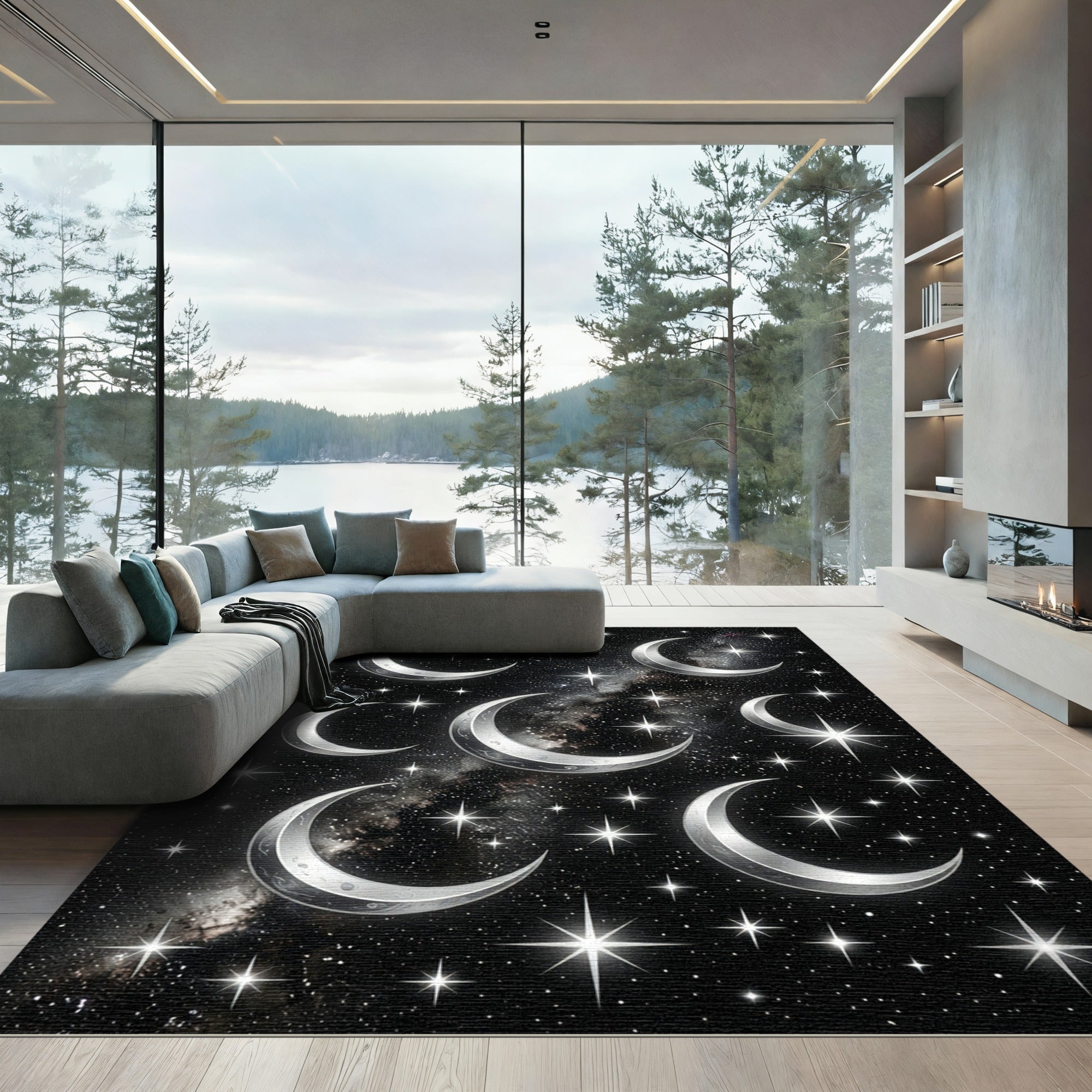 Celestial Silver Crescent Moon Galaxy Rug