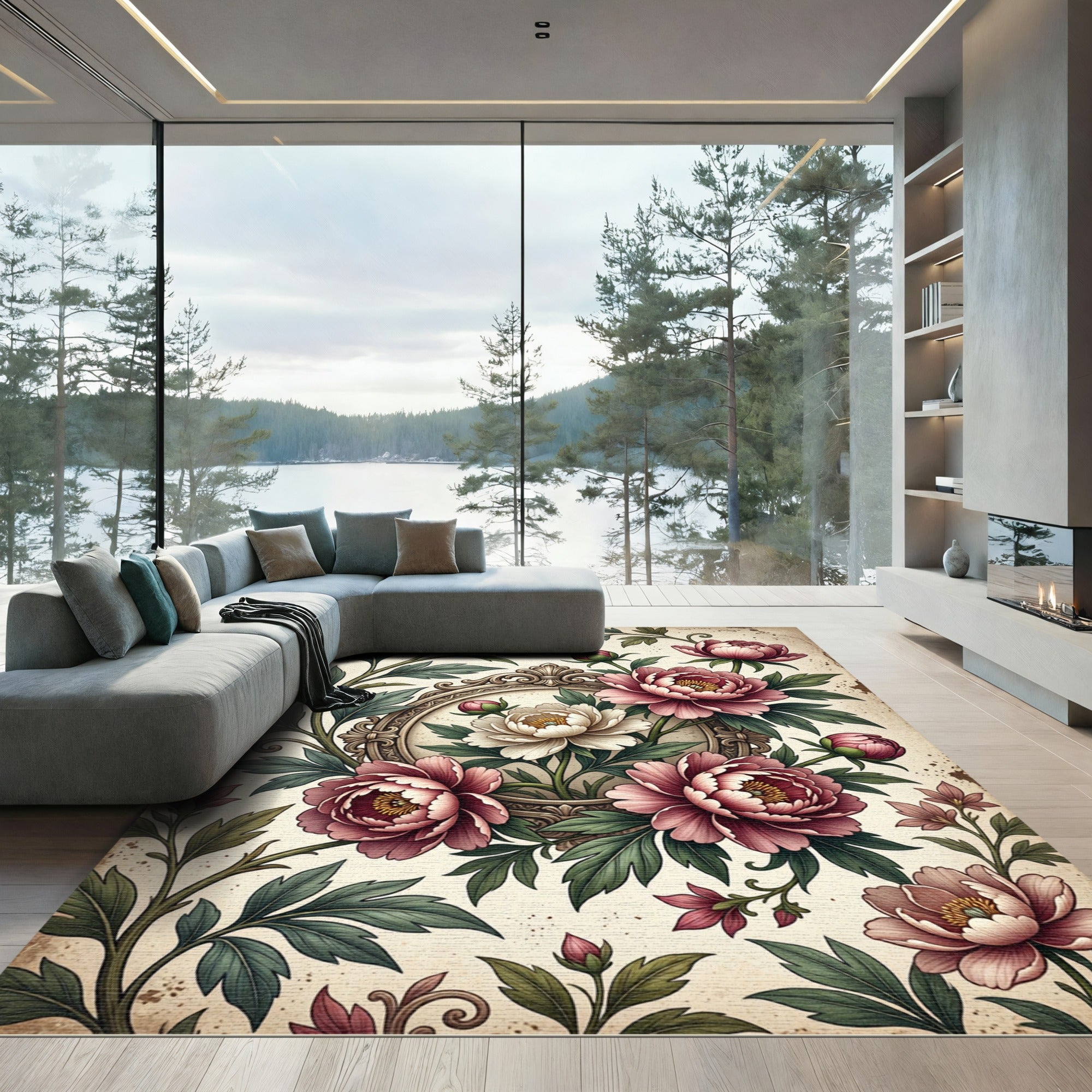 Antique Peony Floral Oval Medallion Rug