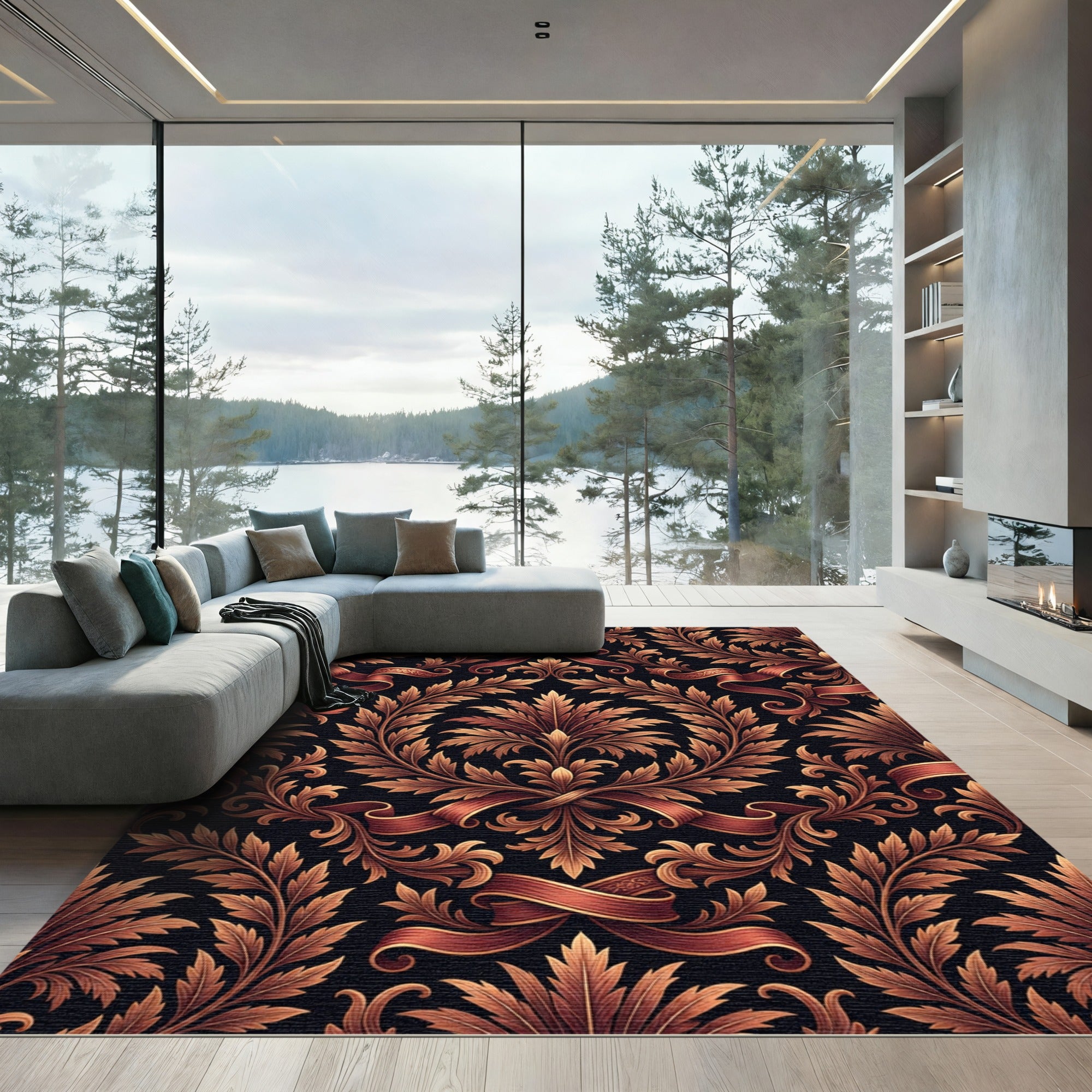 Ornate Russet Ribbon Acanthus Scroll Rug
