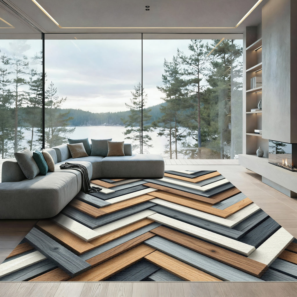Contemporary Herringbone Geometric Wood Tones Rug