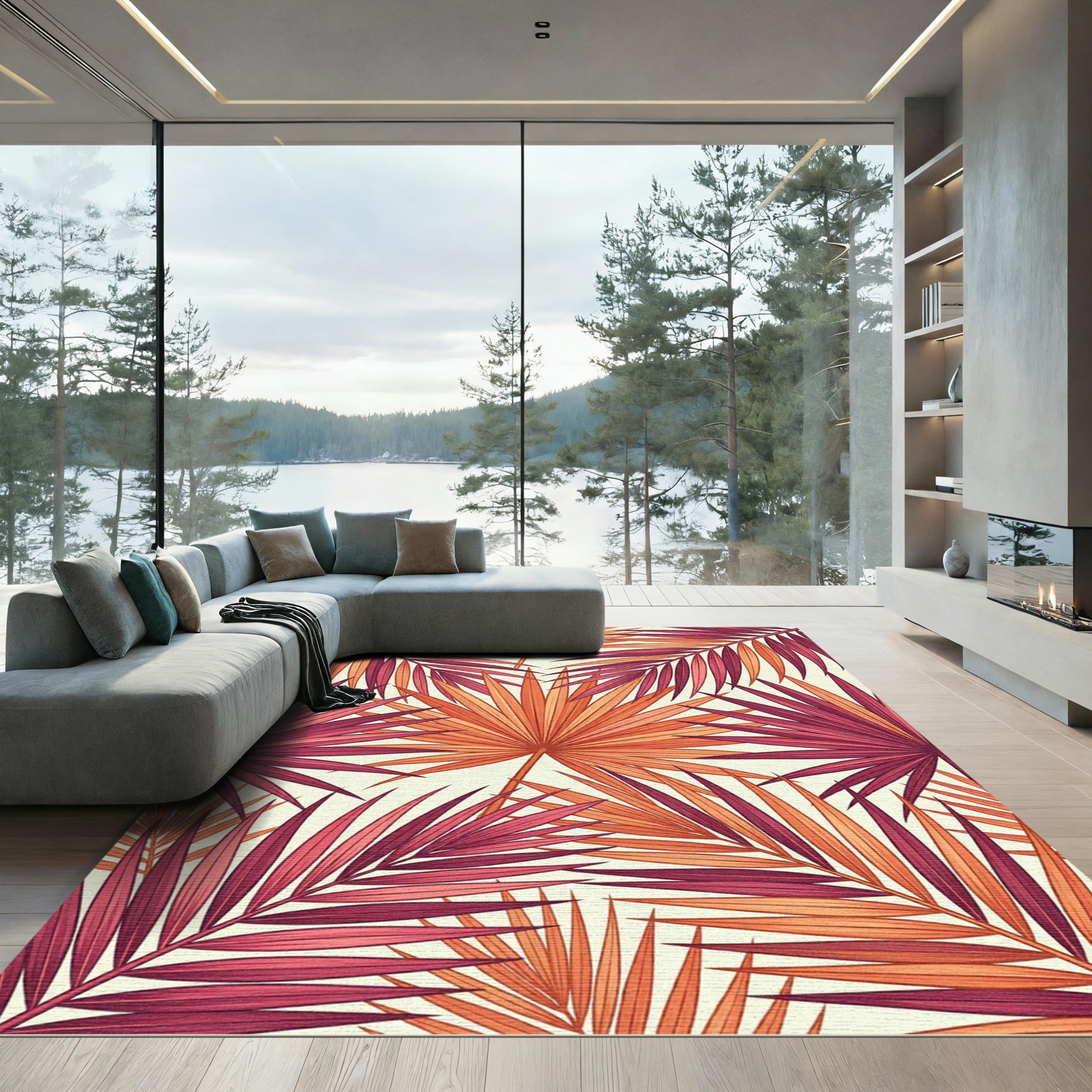 Vibrant Coral Palm Frond Tessellations Rug
