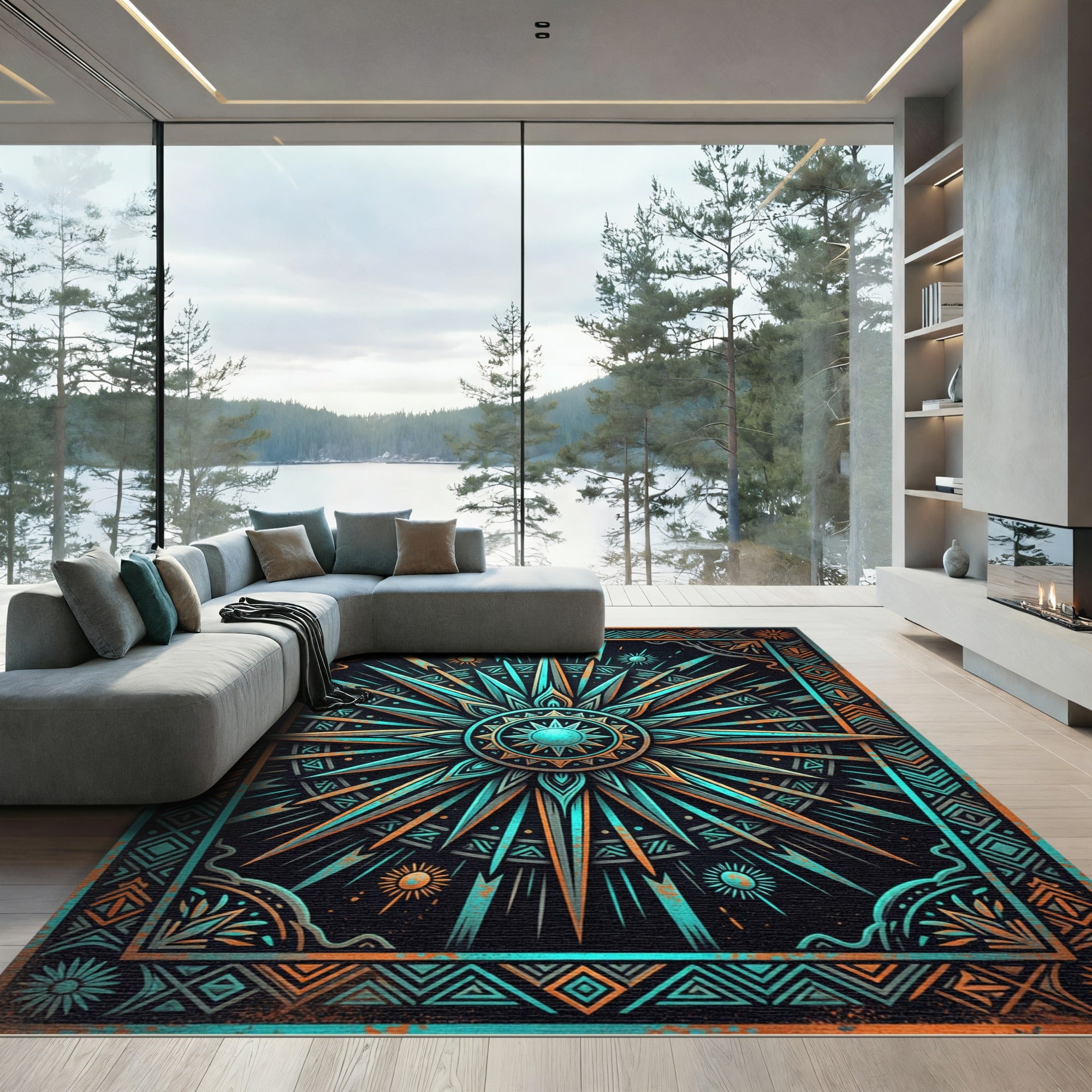 Celestial Teal and Copper Compass Medallion Rug