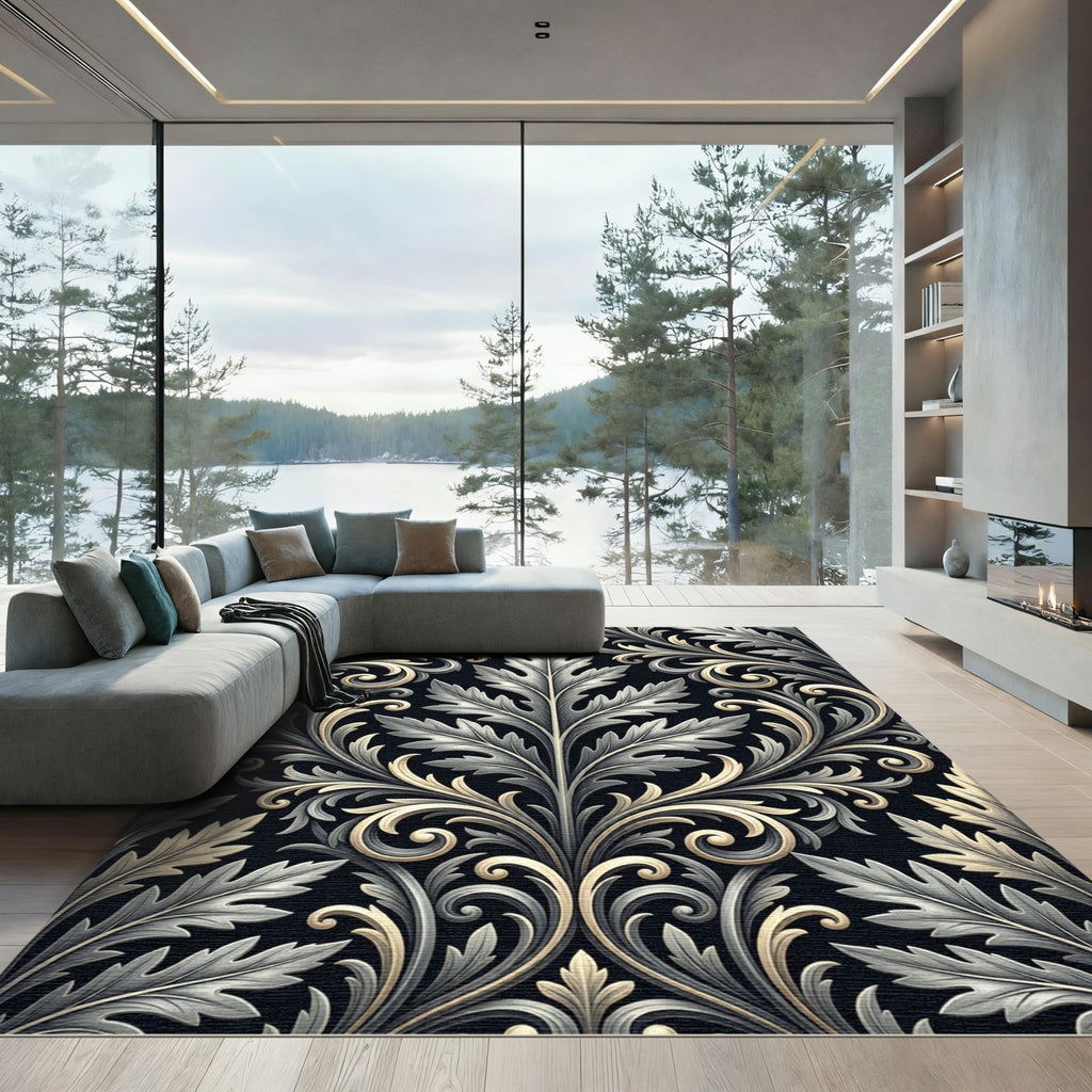 Grand Acanthus Leaf Scroll Black Rug