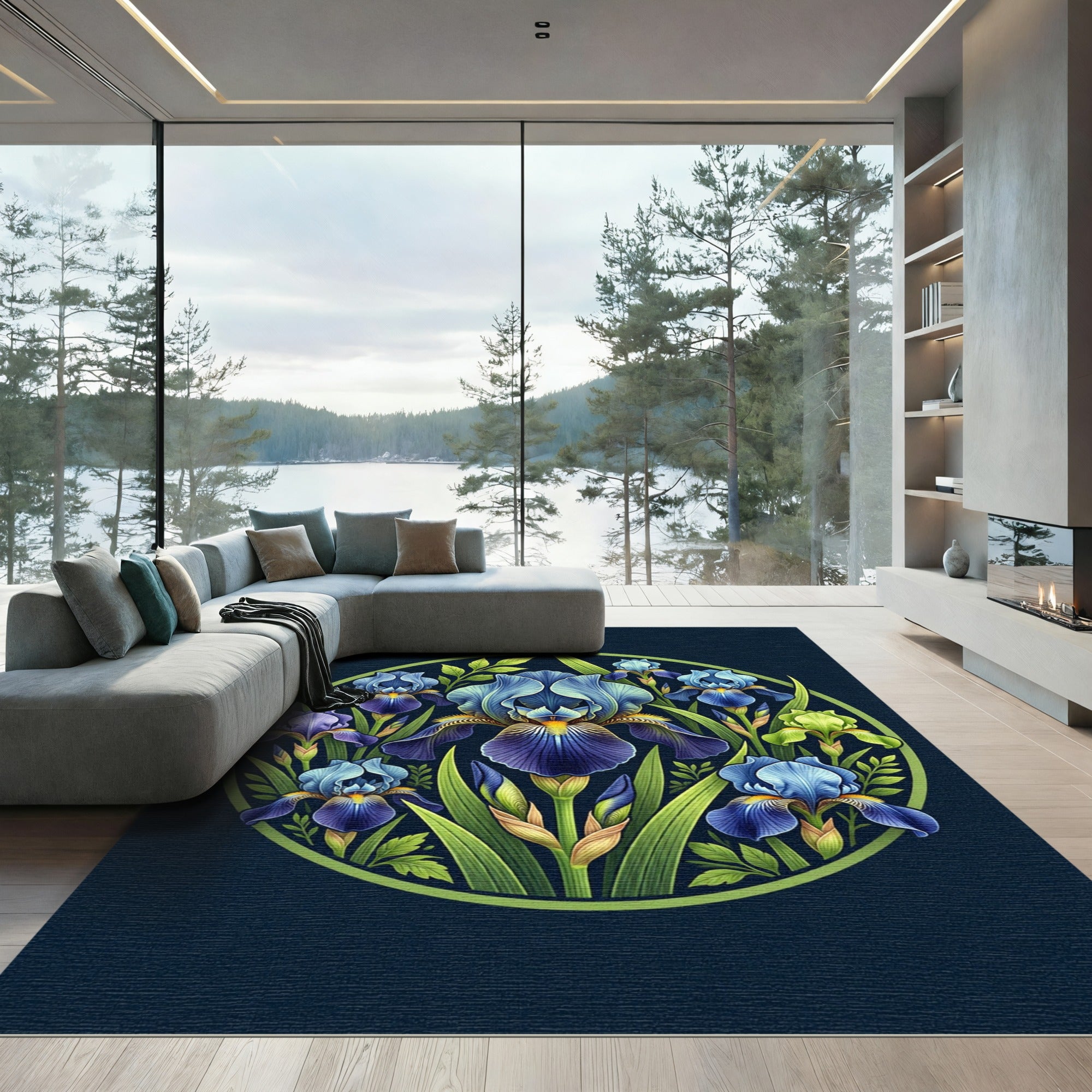 Botanical Blue Iris Floral Medallion Rug
