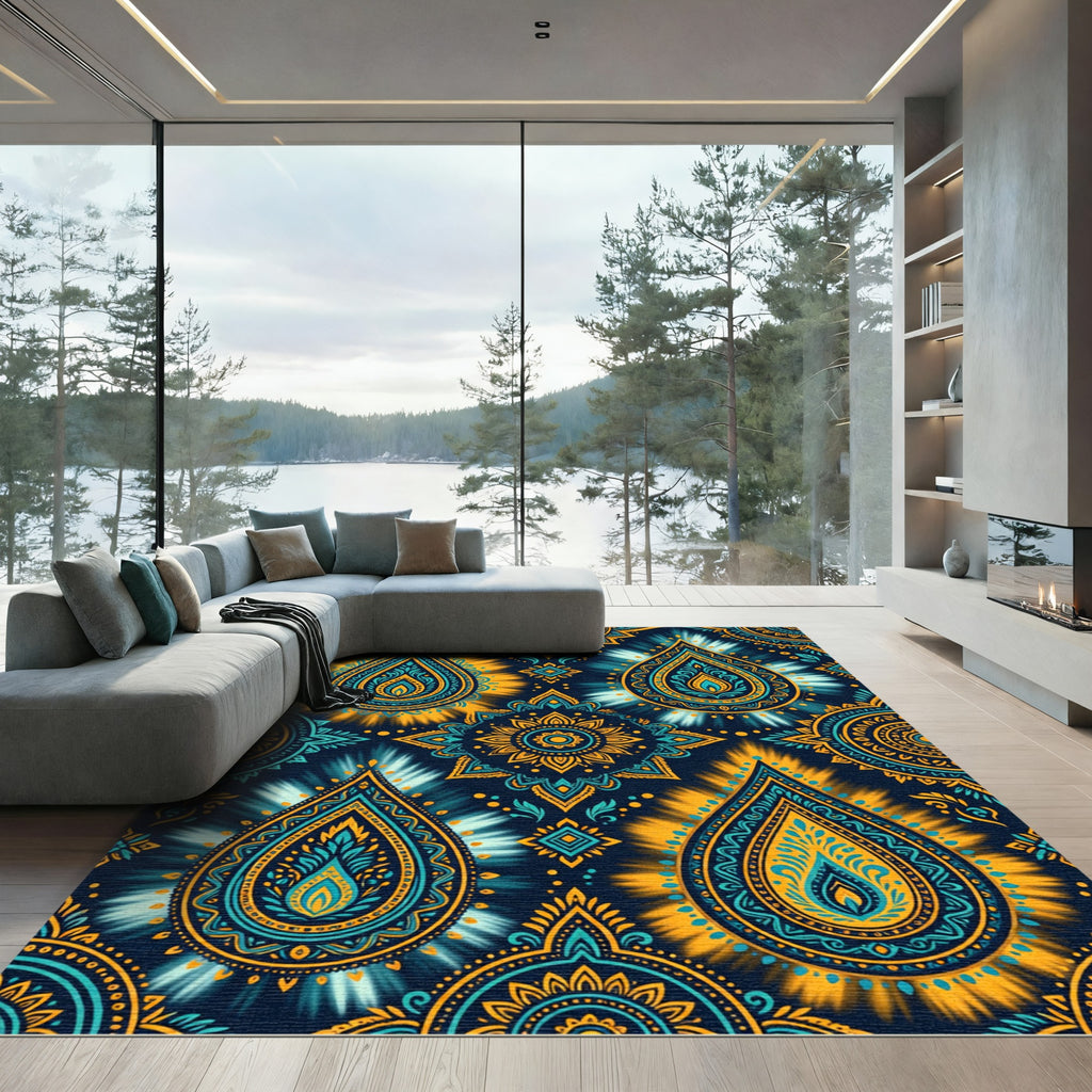 Midnight Teal Golden Paisley Mandala Rug