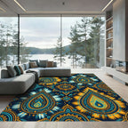 Midnight Teal Golden Paisley Mandala Rug