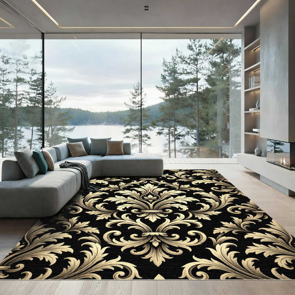 Elegant Gold Damask Black Scrollwork Rug