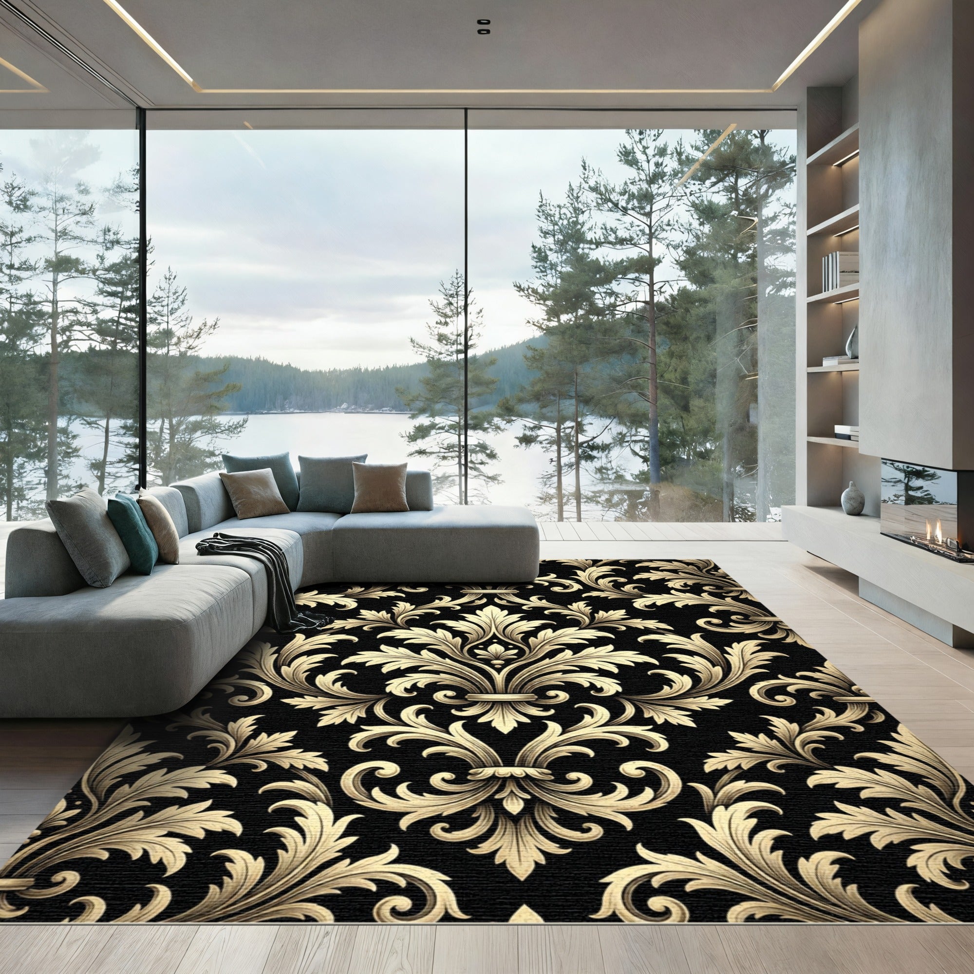 Elegant Gold Damask Black Scrollwork Rug