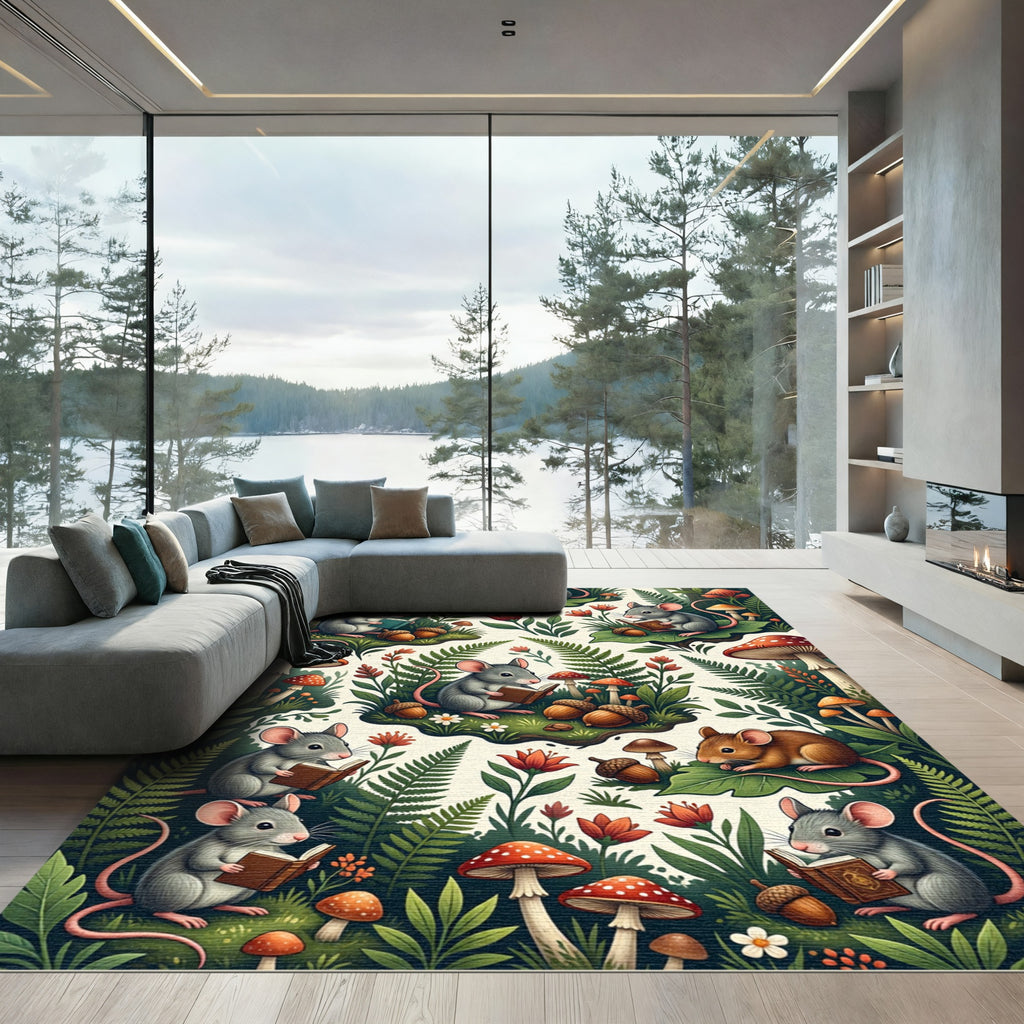 Whimsical Woodland Mouse Reading Forest Tale Rug