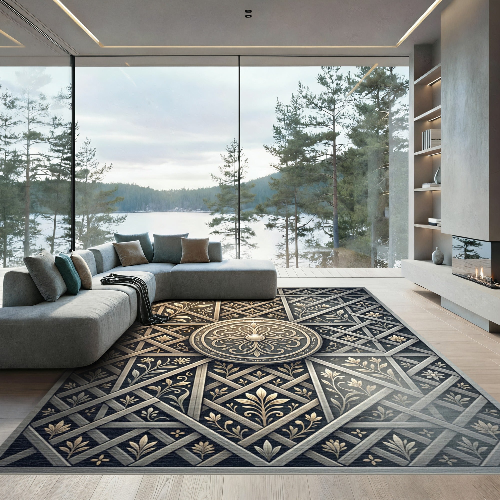 Ornate Silver Floral Lattice Art Rug