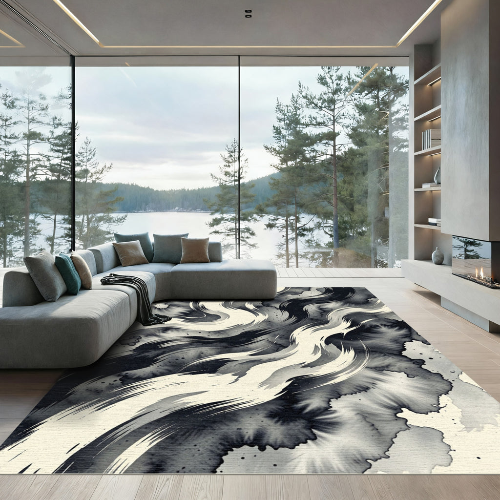 Monochrome Ink Swirl Abstract Wave Rug