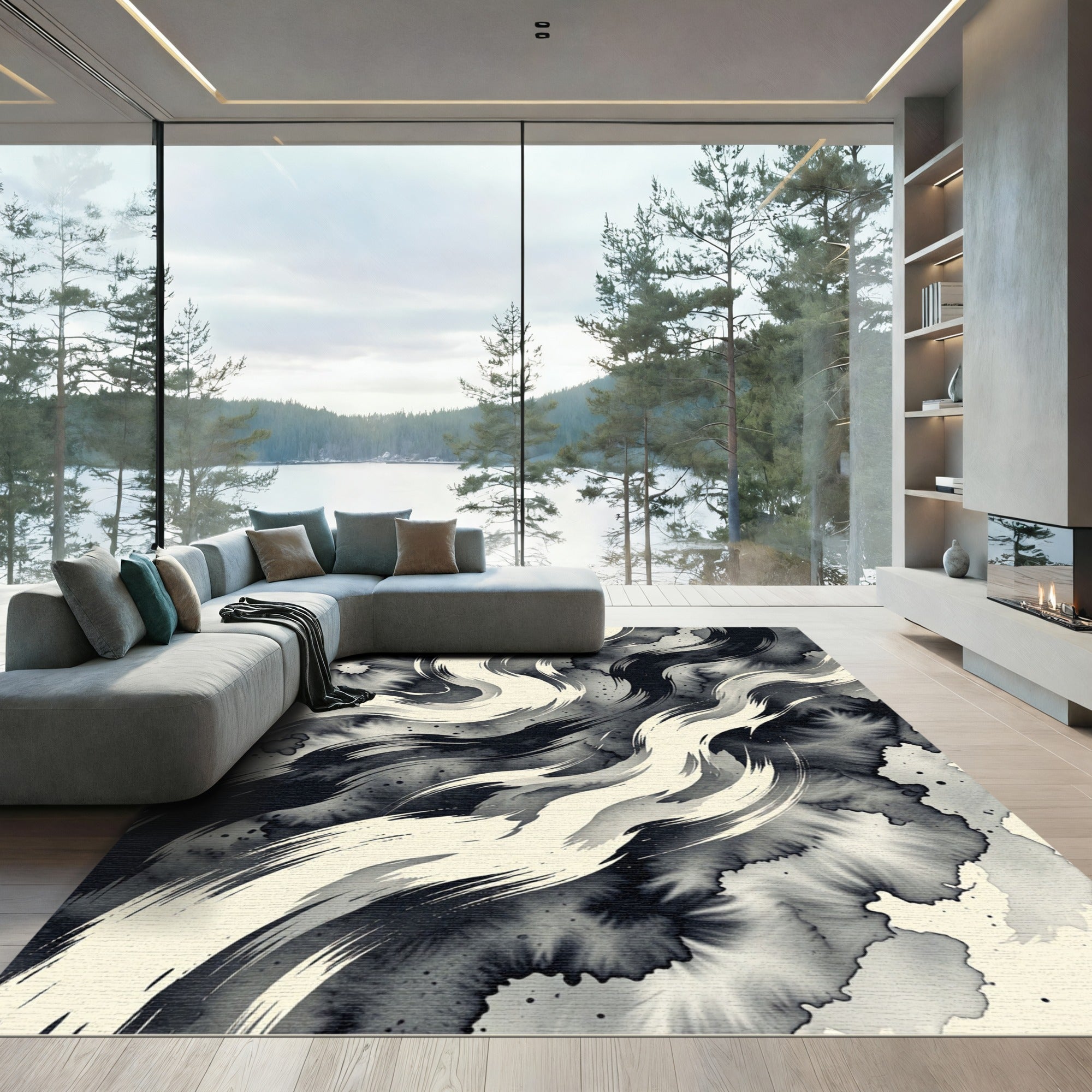 Monochrome Ink Swirl Abstract Wave Rug