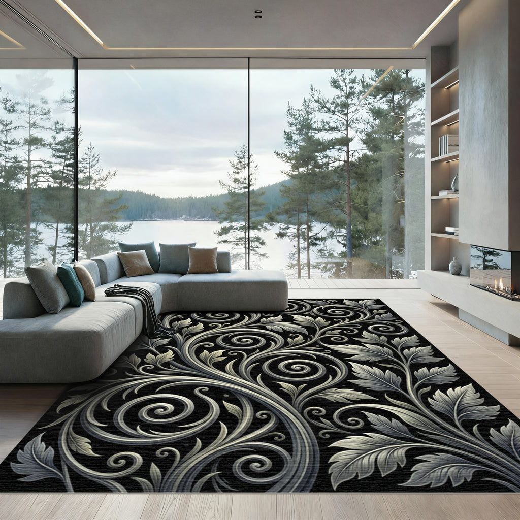 Elegant Silver Floral Scrollwork Rug