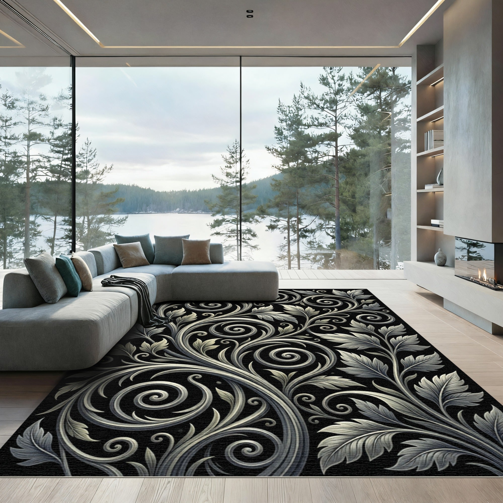 Elegant Silver Floral Scrollwork Rug