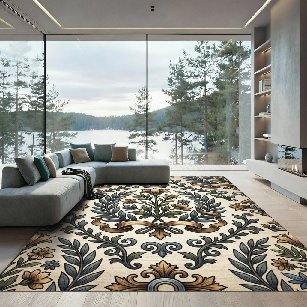 Regal Gold Floral Emblem Damask Rug