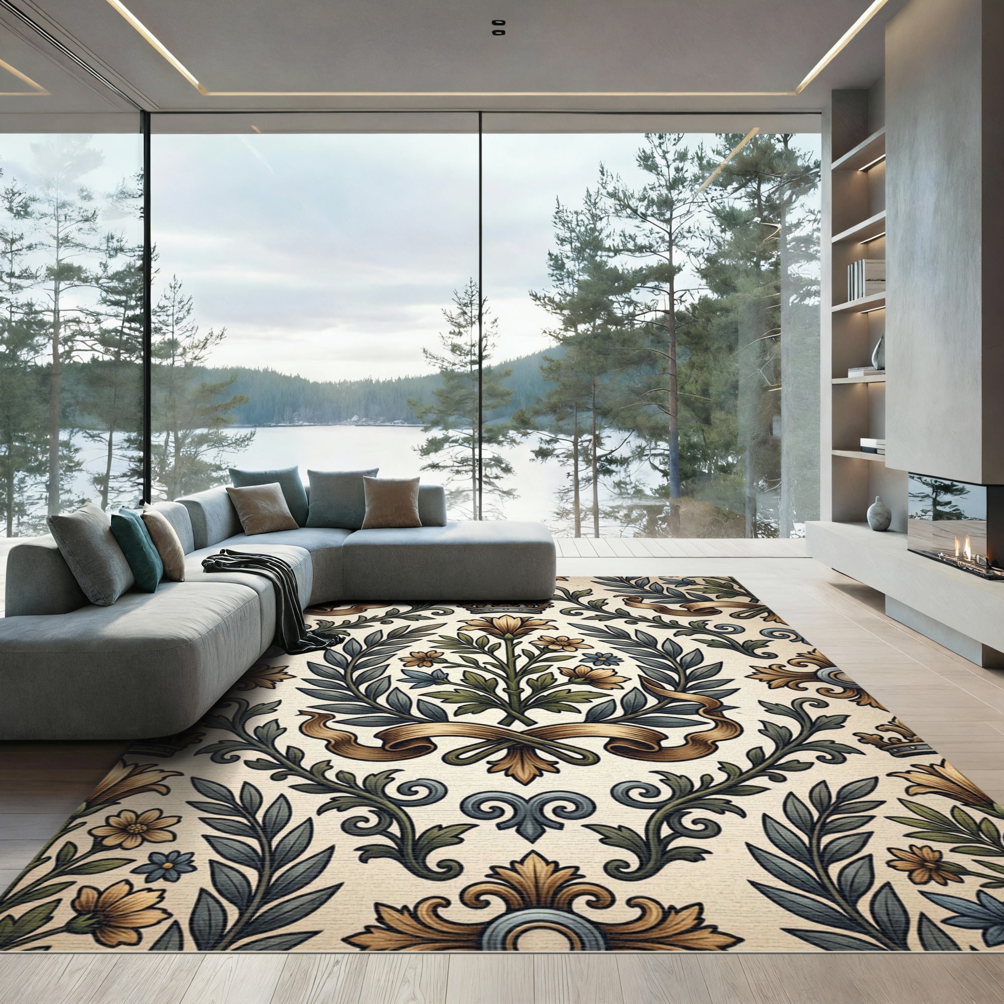 Regal Gold Floral Emblem Damask Rug