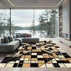 Geometric Minimalist Ochre Black Abstract Grid Rug