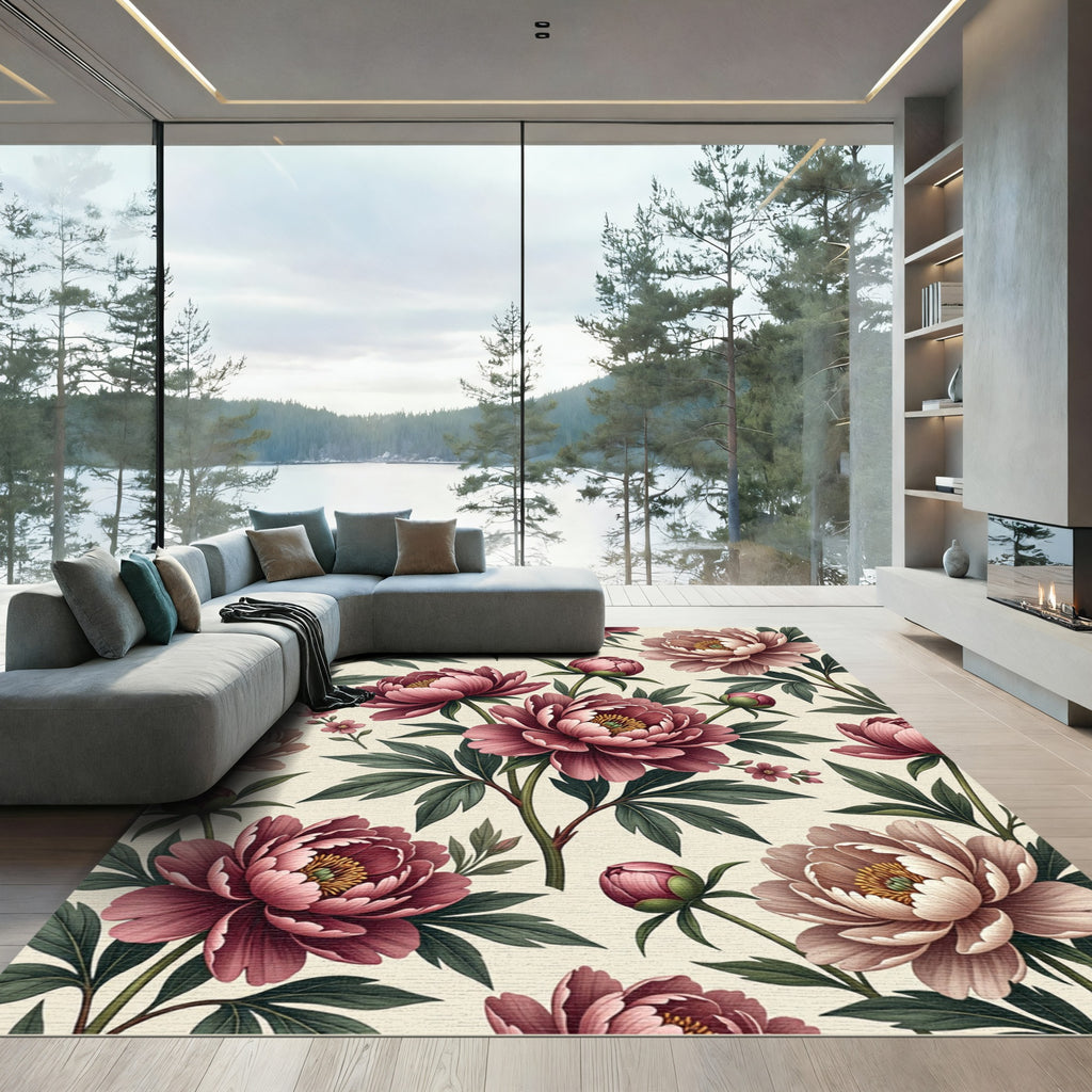 Blush Pink Peony Botanical Floral Rug