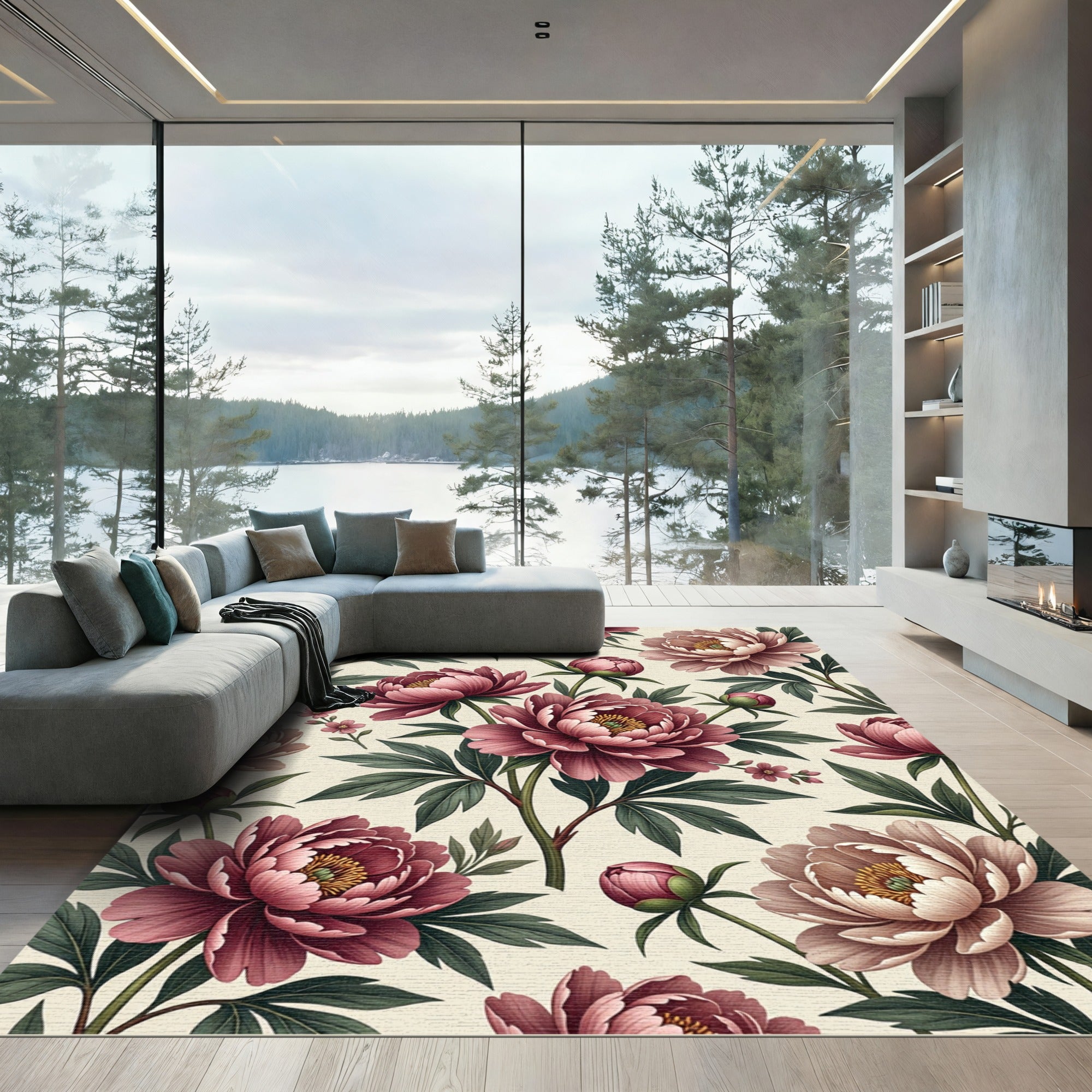 Blush Pink Peony Botanical Floral Rug