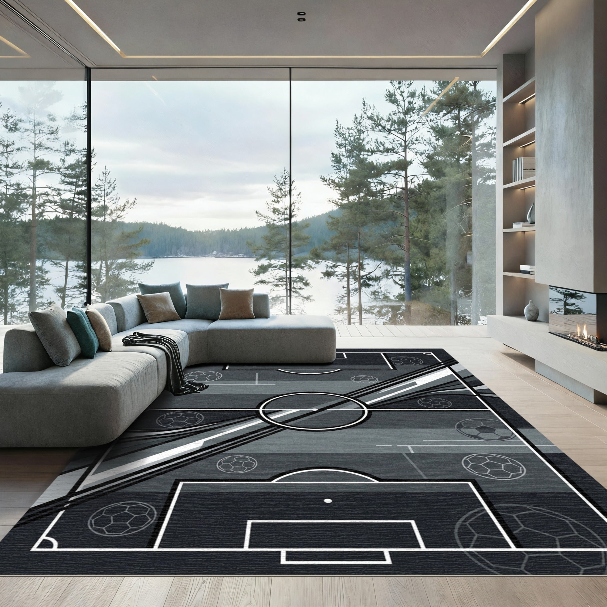 Modern Monochrome Soccer Abstract Grid Rug